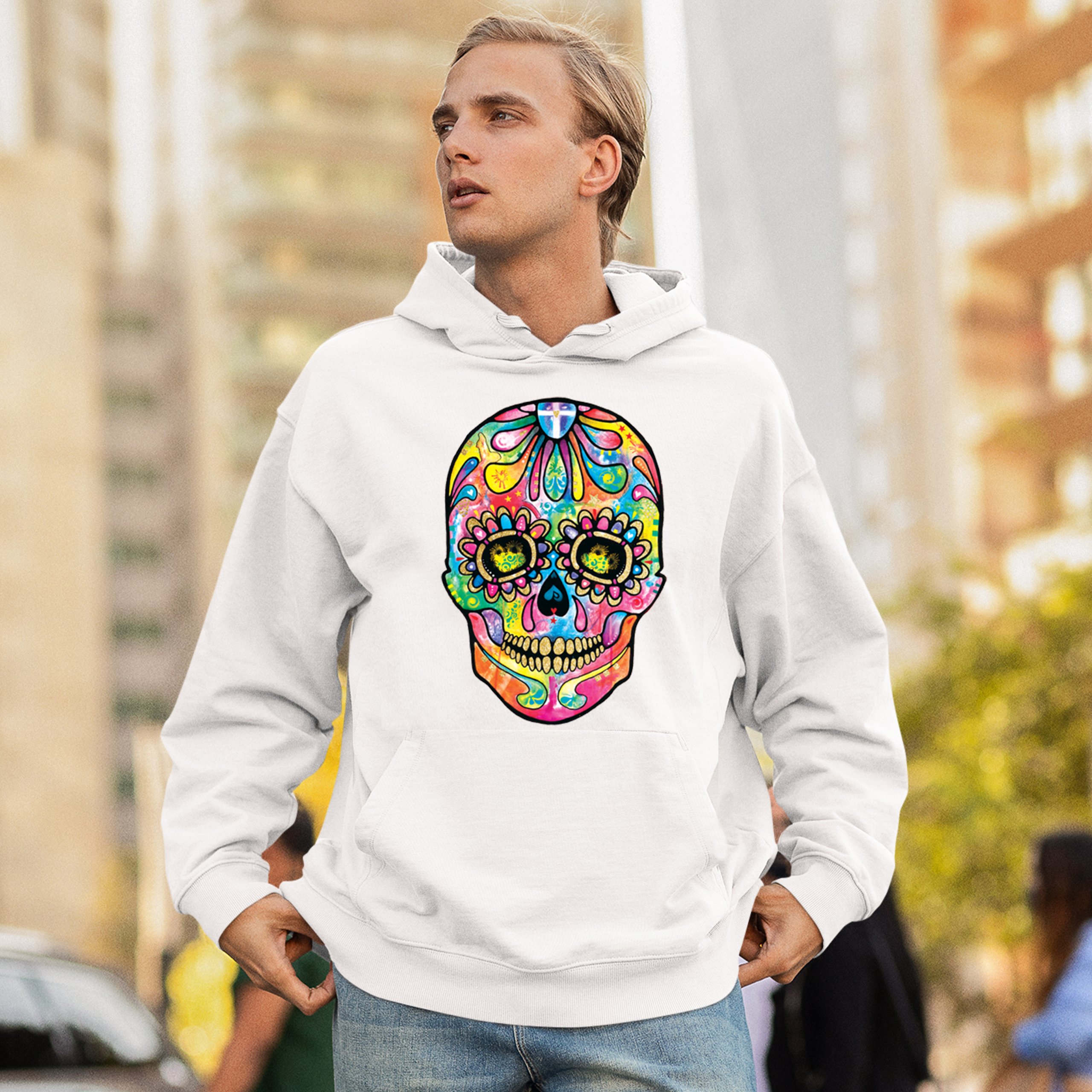 Dean Russo Sugar Skull Sweatshirt Day of the Dead Neon Calavera Hoodie - Picture 40 of 57