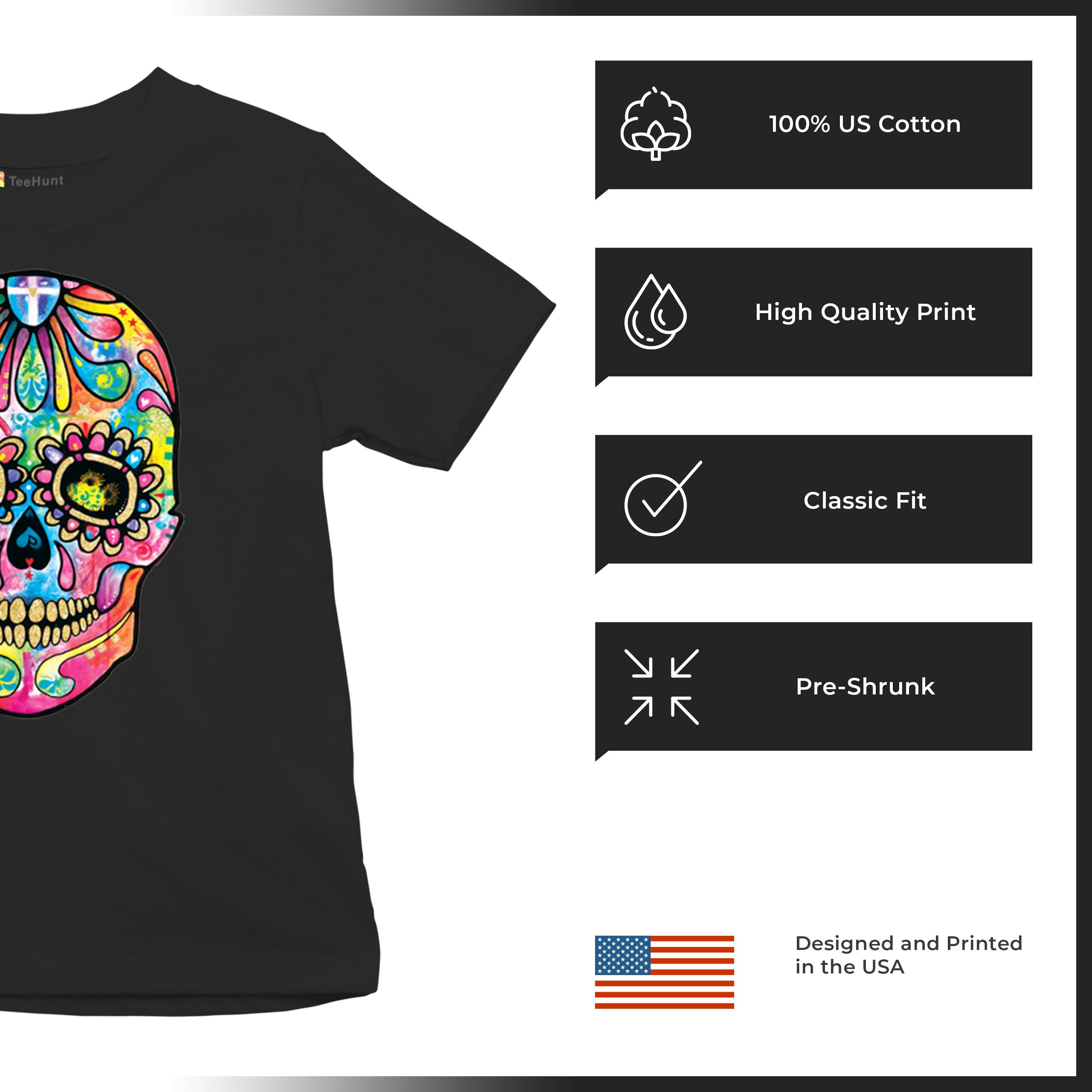 Dean Russo Sugar Skull Youth T-shirt Day of the Dead Neon Calavera Kids - Picture 7 of 50