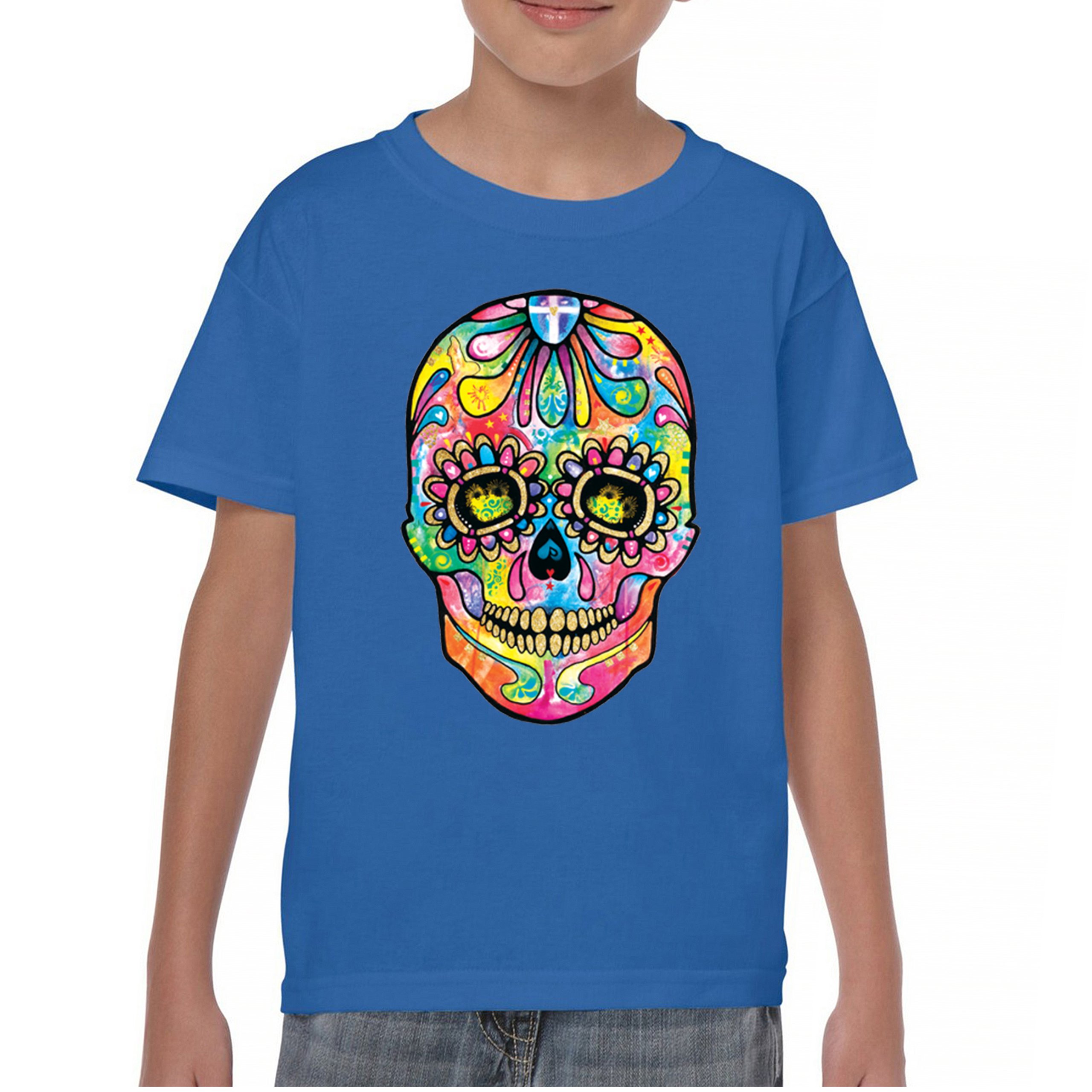 Dean Russo Sugar Skull Youth T-shirt Day of the Dead Neon Calavera Kids - Picture 37 of 50