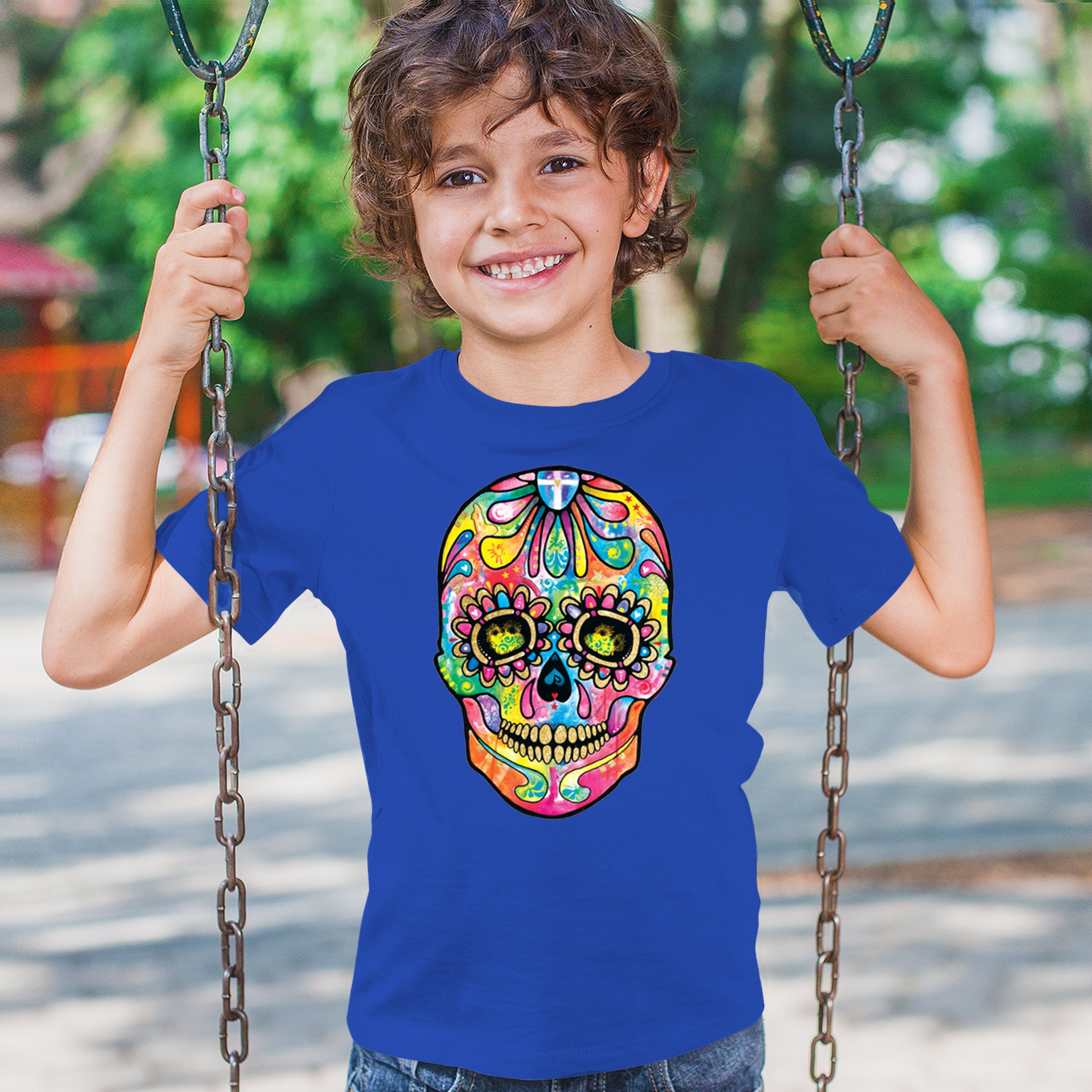 Dean Russo Sugar Skull Youth T-shirt Day of the Dead Neon Calavera Kids - Picture 40 of 50
