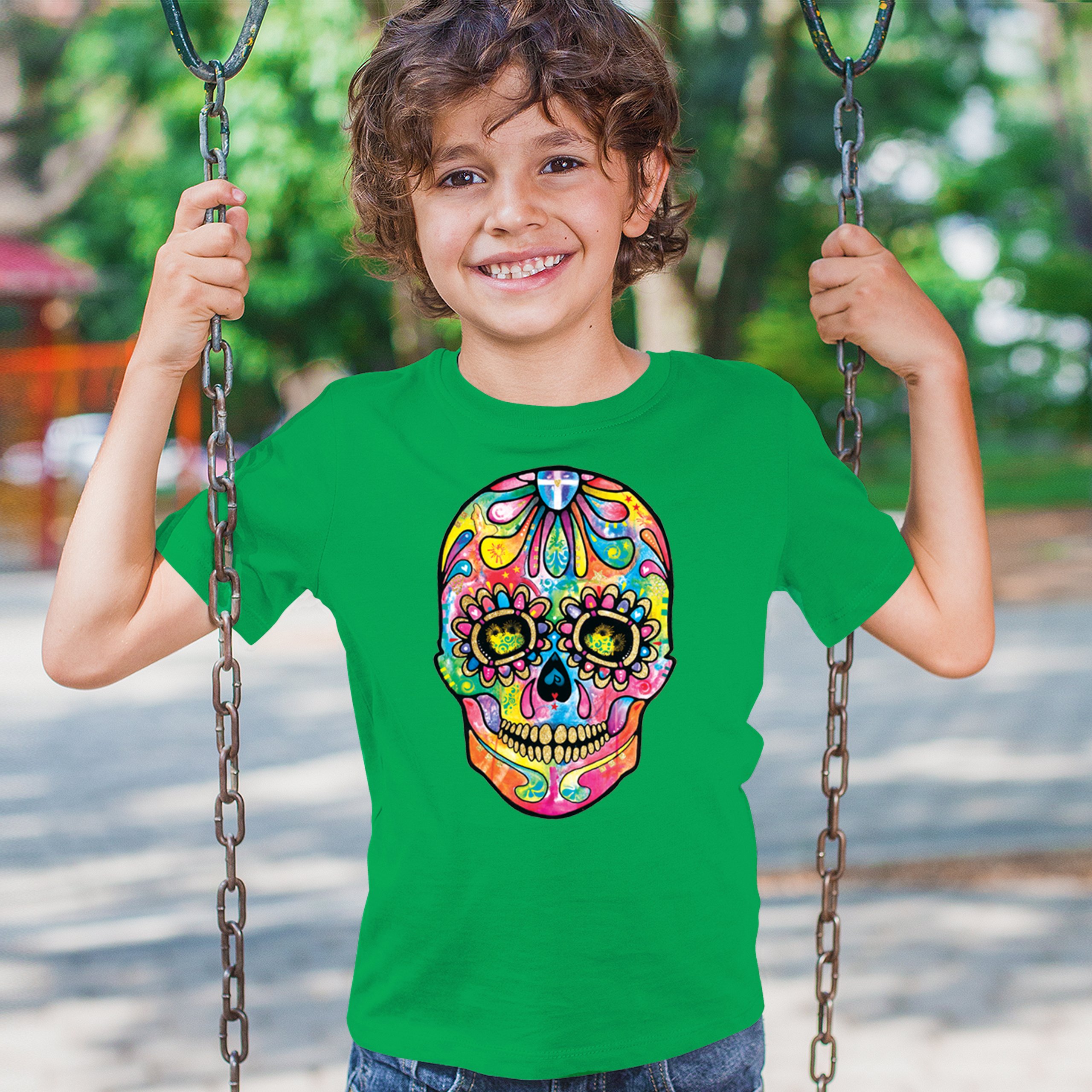 Dean Russo Sugar Skull Youth T-shirt Day of the Dead Neon Calavera Kids - Picture 33 of 50