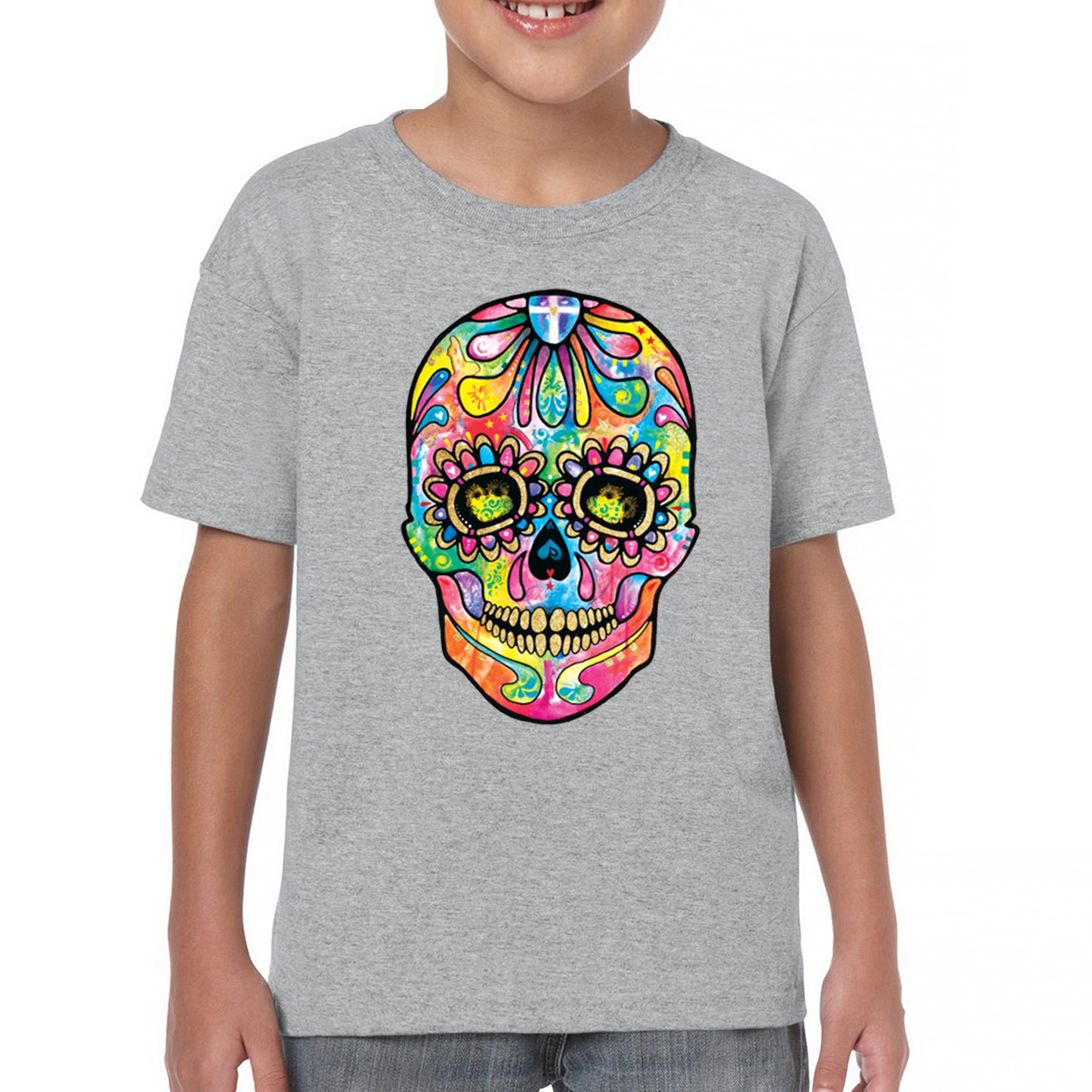 Dean Russo Sugar Skull Youth T-shirt Day of the Dead Neon Calavera Kids - Picture 9 of 50