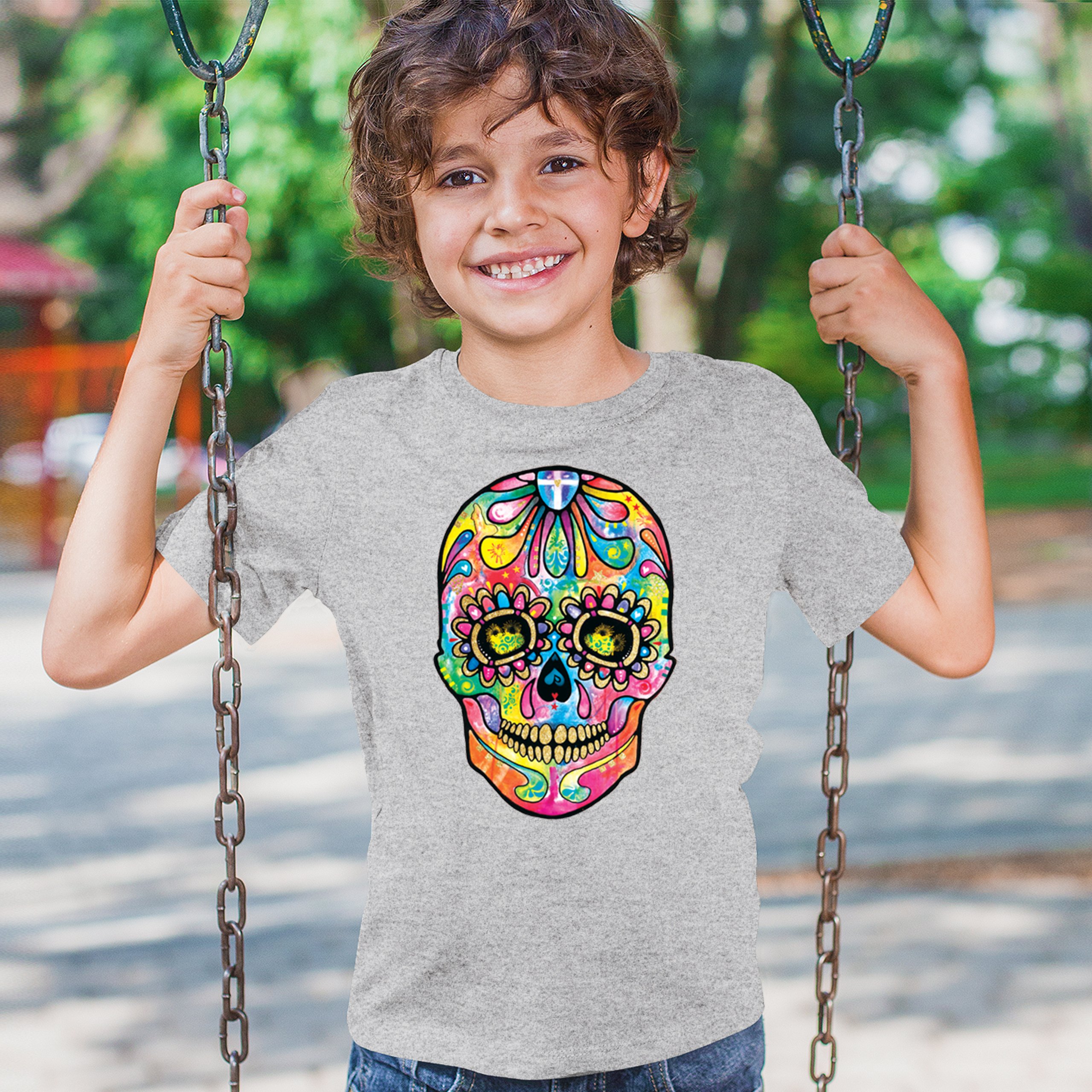 Dean Russo Sugar Skull Youth T-shirt Day of the Dead Neon Calavera Kids - Picture 12 of 50
