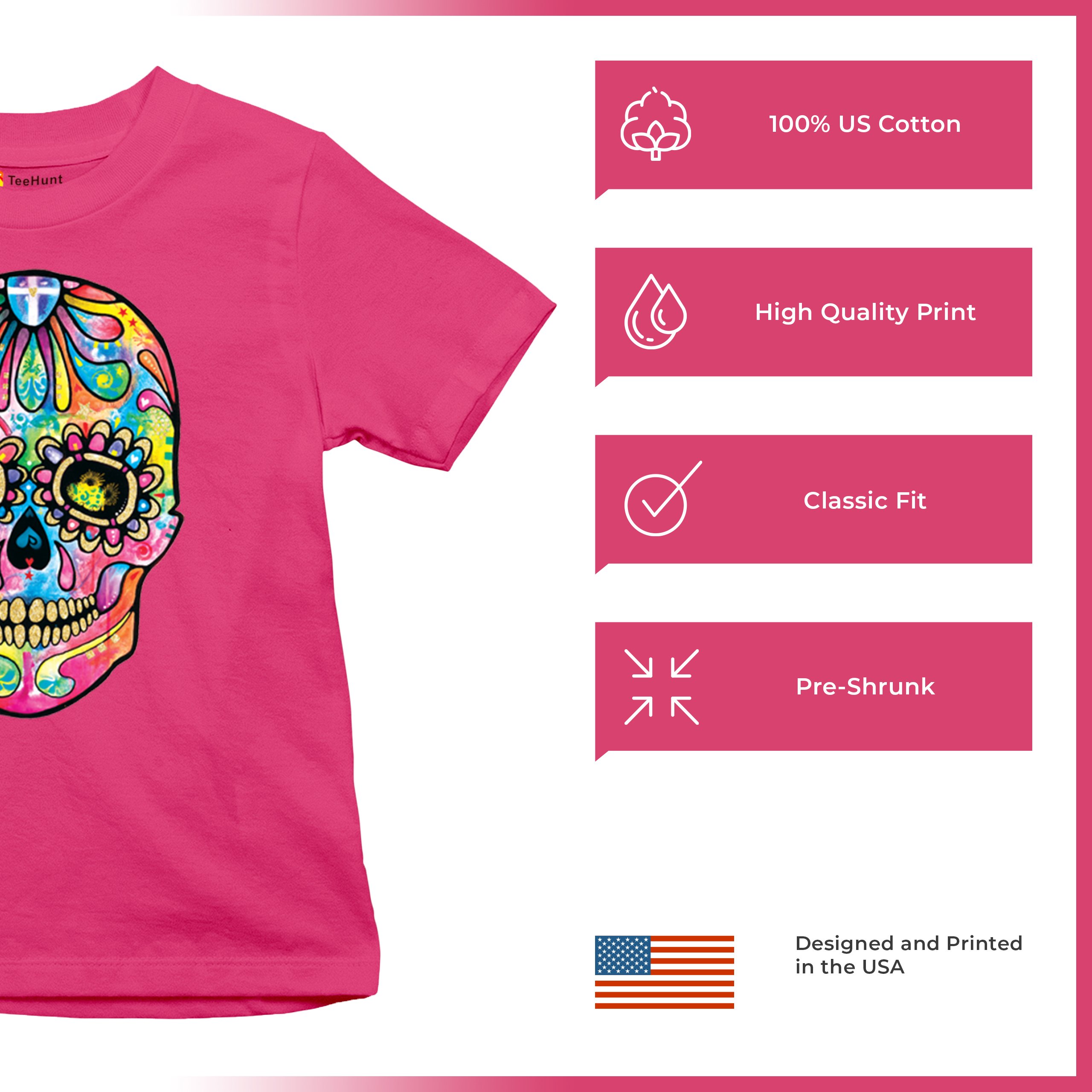 Dean Russo Sugar Skull Youth T-shirt Day of the Dead Neon Calavera Kids - Picture 49 of 50