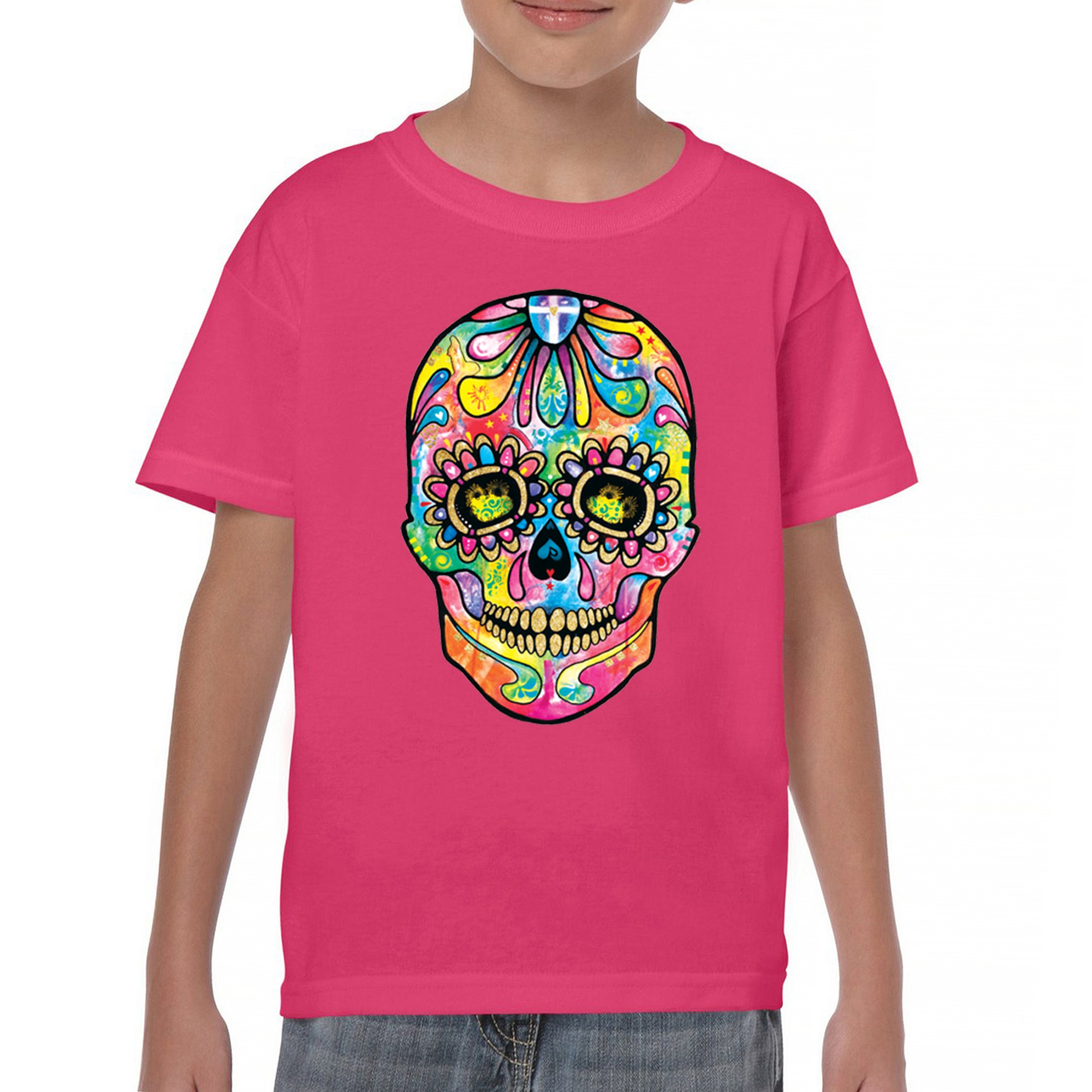 Dean Russo Sugar Skull Youth T-shirt Day of the Dead Neon Calavera Kids - Picture 44 of 50