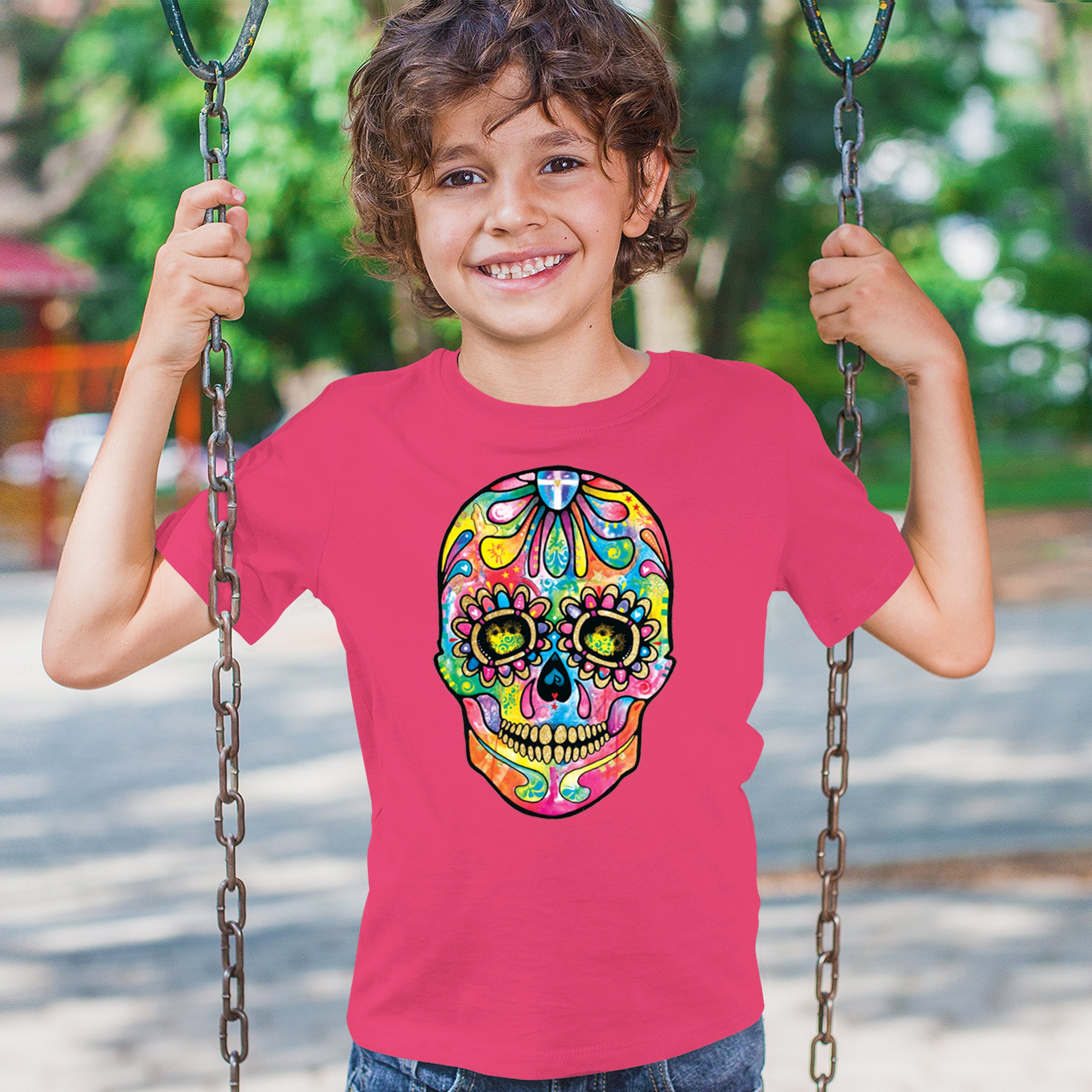 Dean Russo Sugar Skull Youth T-shirt Day of the Dead Neon Calavera Kids - Picture 47 of 50