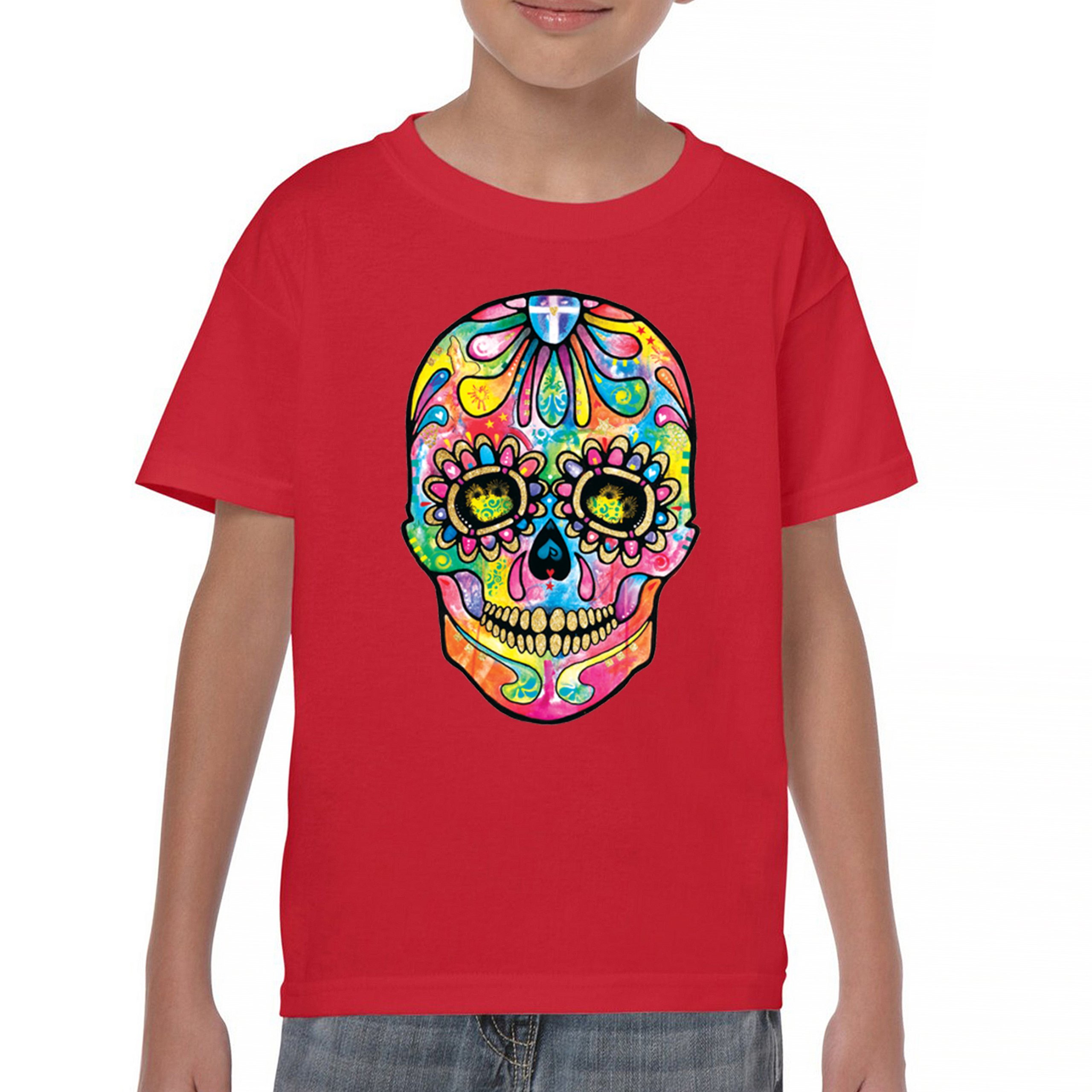 Dean Russo Sugar Skull Youth T-shirt Day of the Dead Neon Calavera Kids - Picture 16 of 50