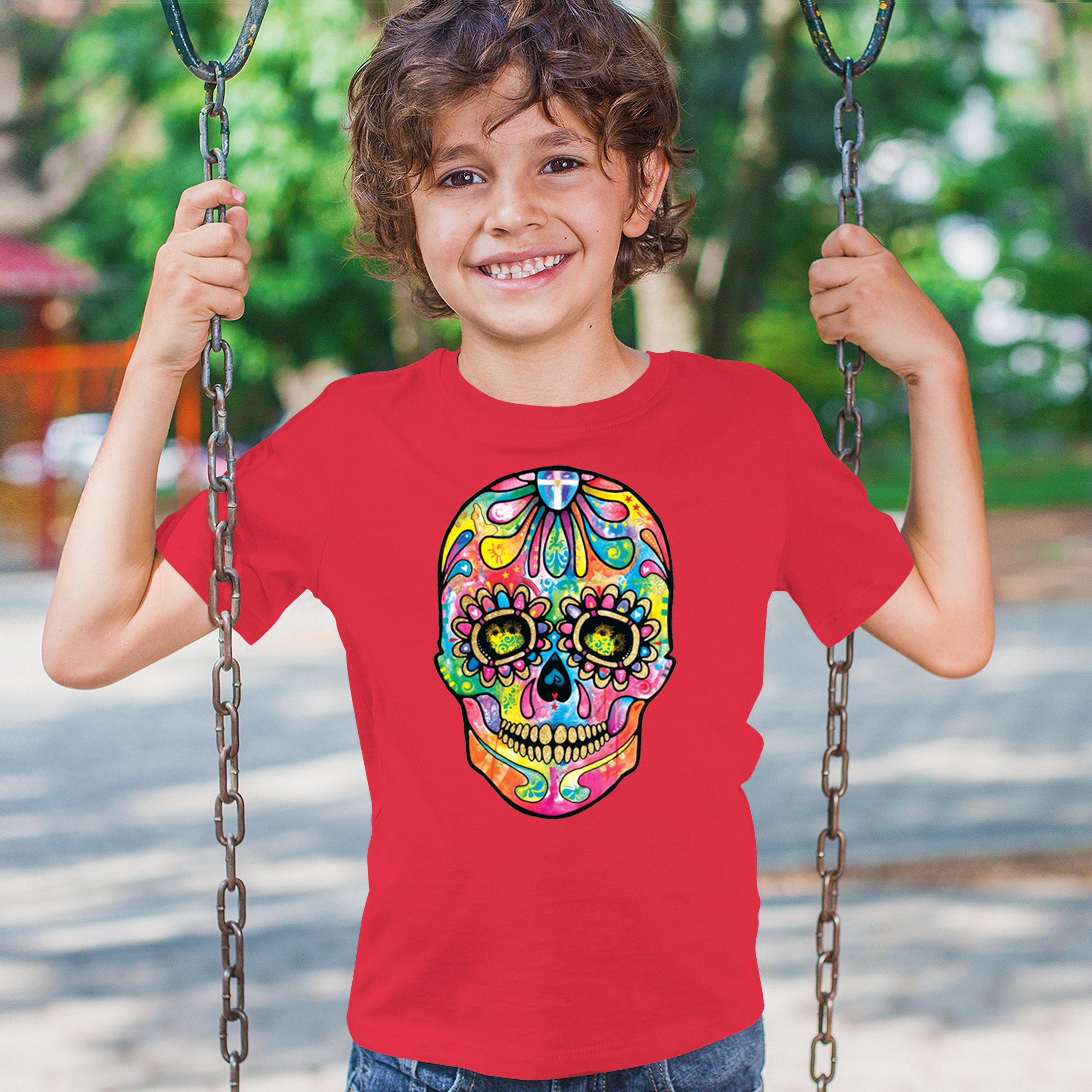 Dean Russo Sugar Skull Youth T-shirt Day of the Dead Neon Calavera Kids - Picture 19 of 50