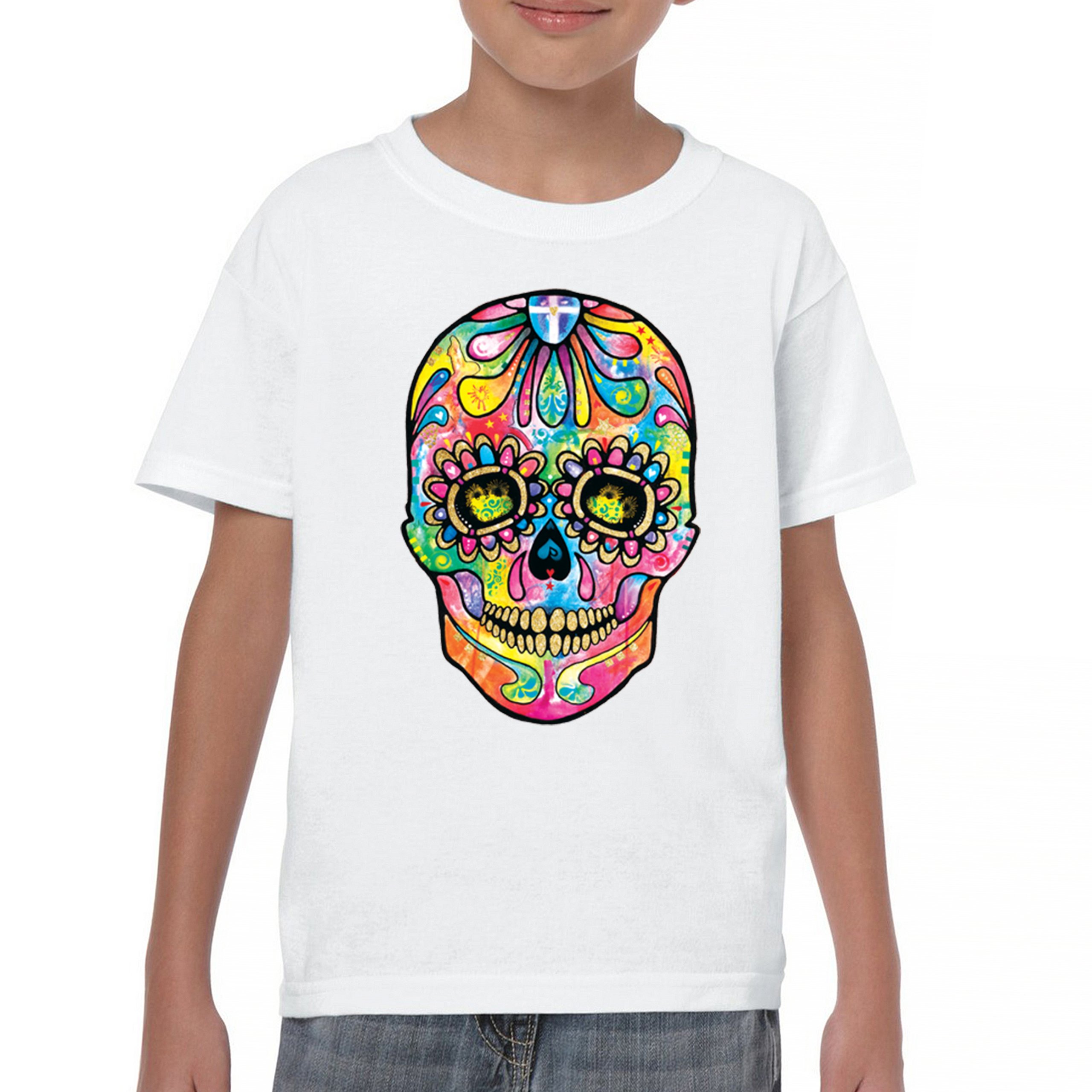 Dean Russo Sugar Skull Youth T-shirt Day of the Dead Neon Calavera Kids - Picture 23 of 50