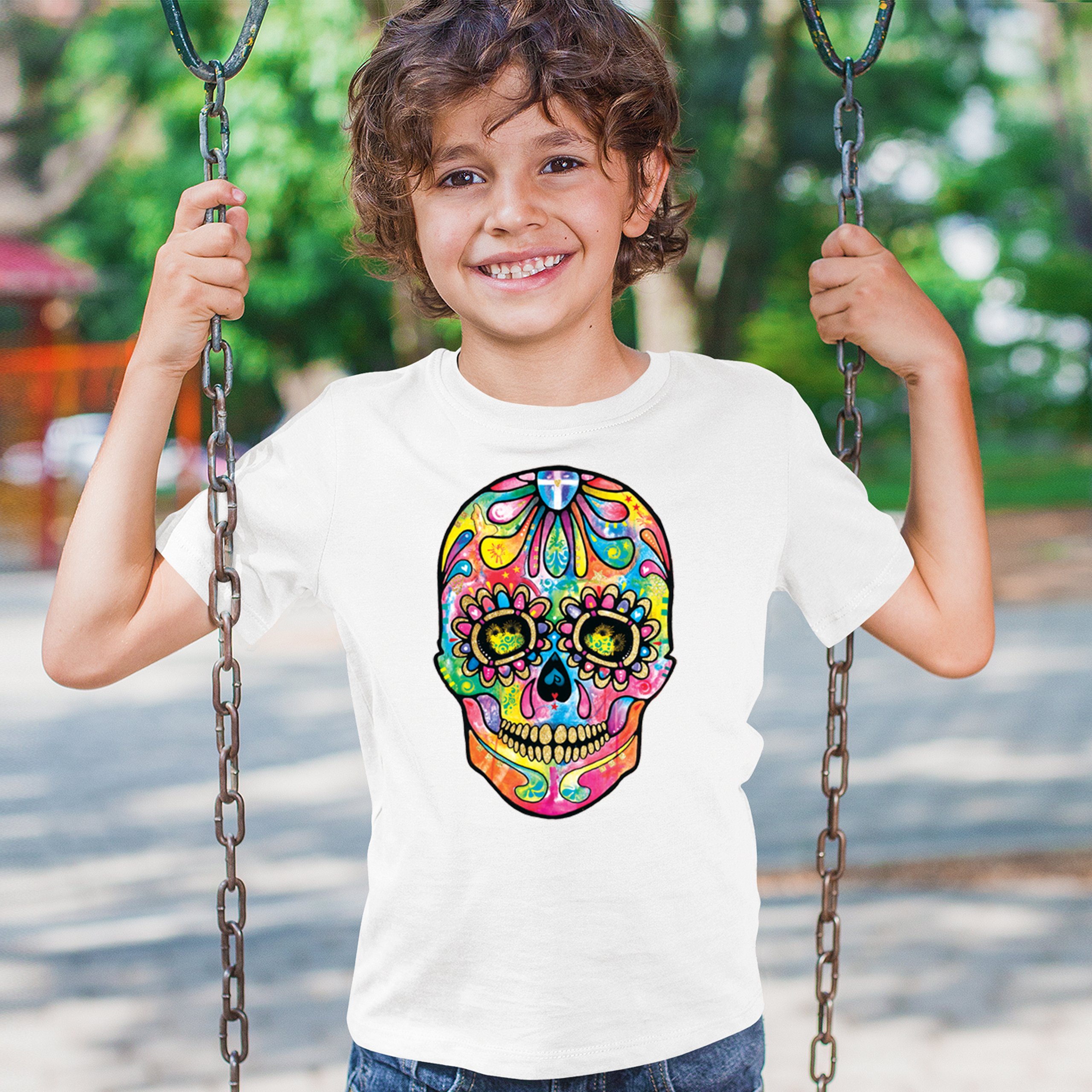 Dean Russo Sugar Skull Youth T-shirt Day of the Dead Neon Calavera Kids - Picture 26 of 50