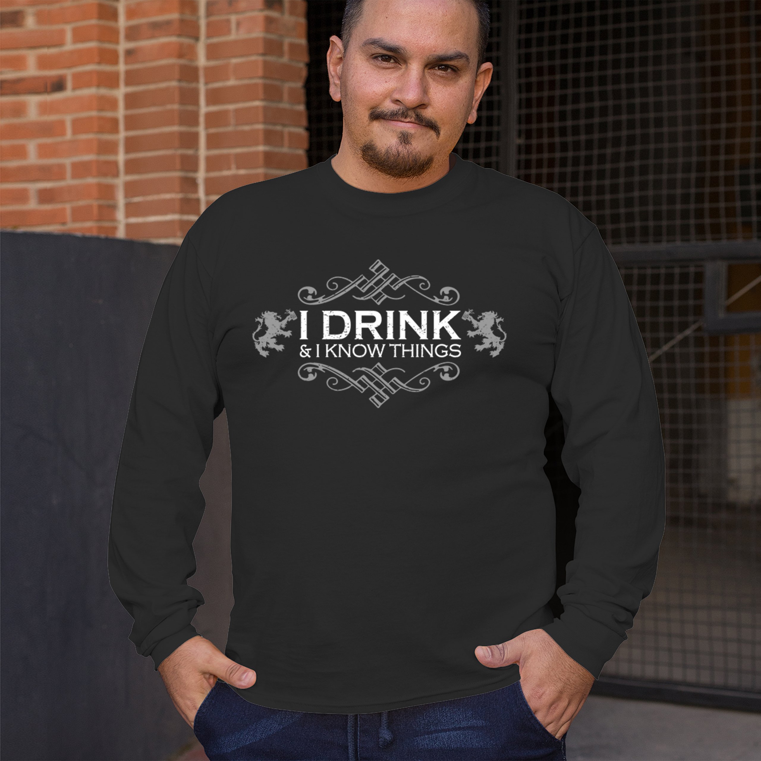 ALTRA T shirt manica lunga Drink & Know Things umorismo spiritoso alcol intelligente bar