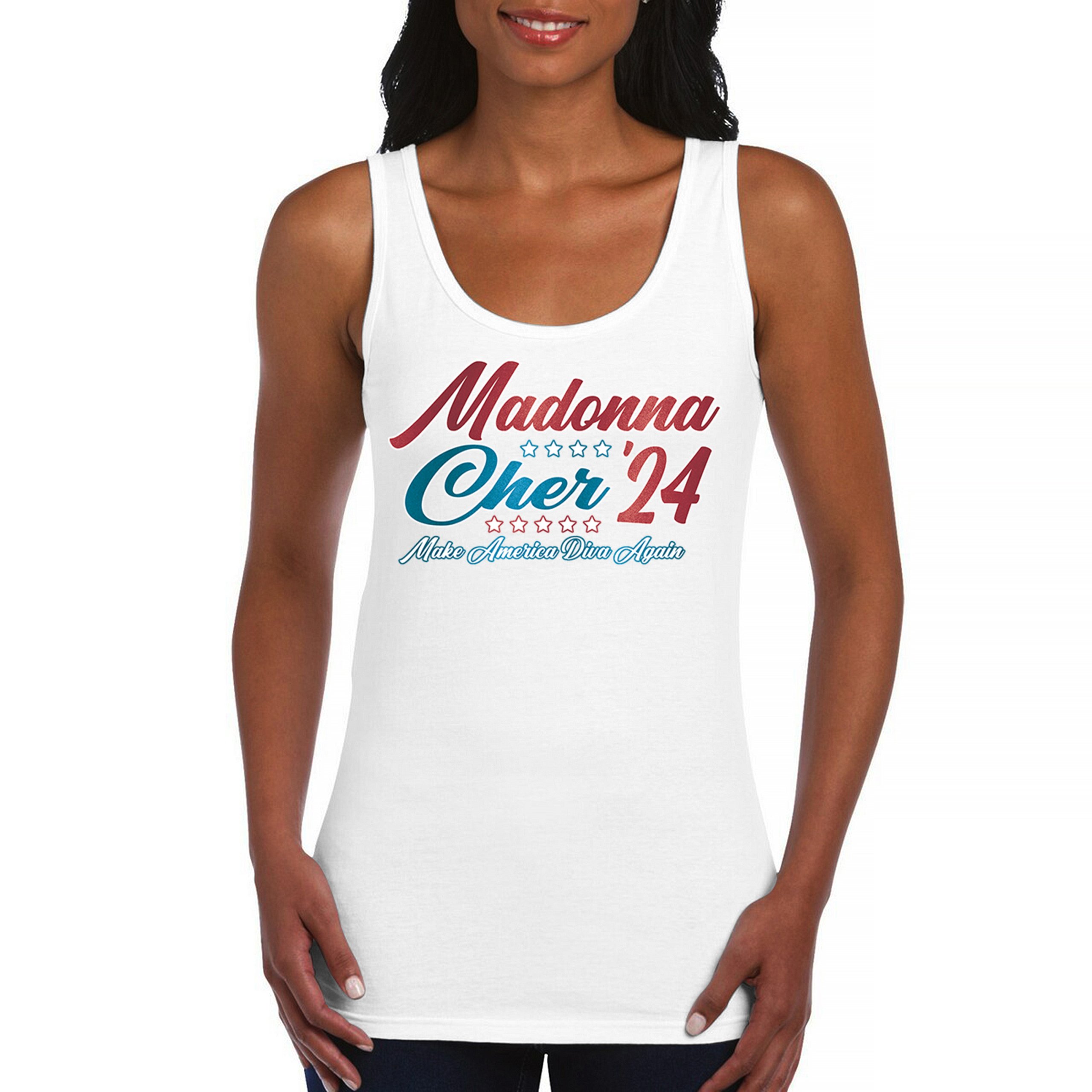 Madonna Cher 2024 Make America Diva Again Women's Tank Top Pop Culture Icon - Picture 16 of 36