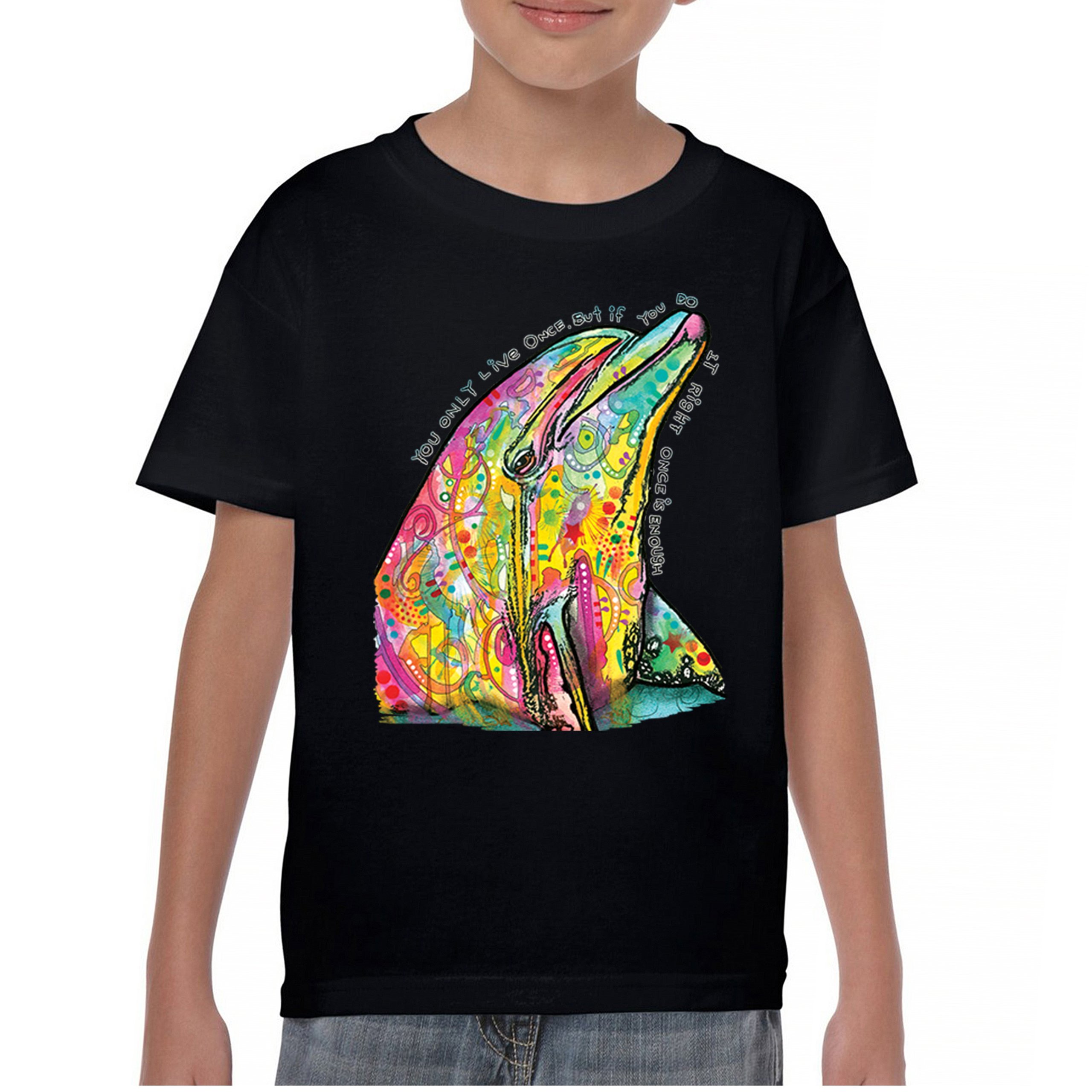 You Only Live Once Youth T-shirt Cute Neon Dolphin Dean Russo Yolo Kids - Picture 2 of 50