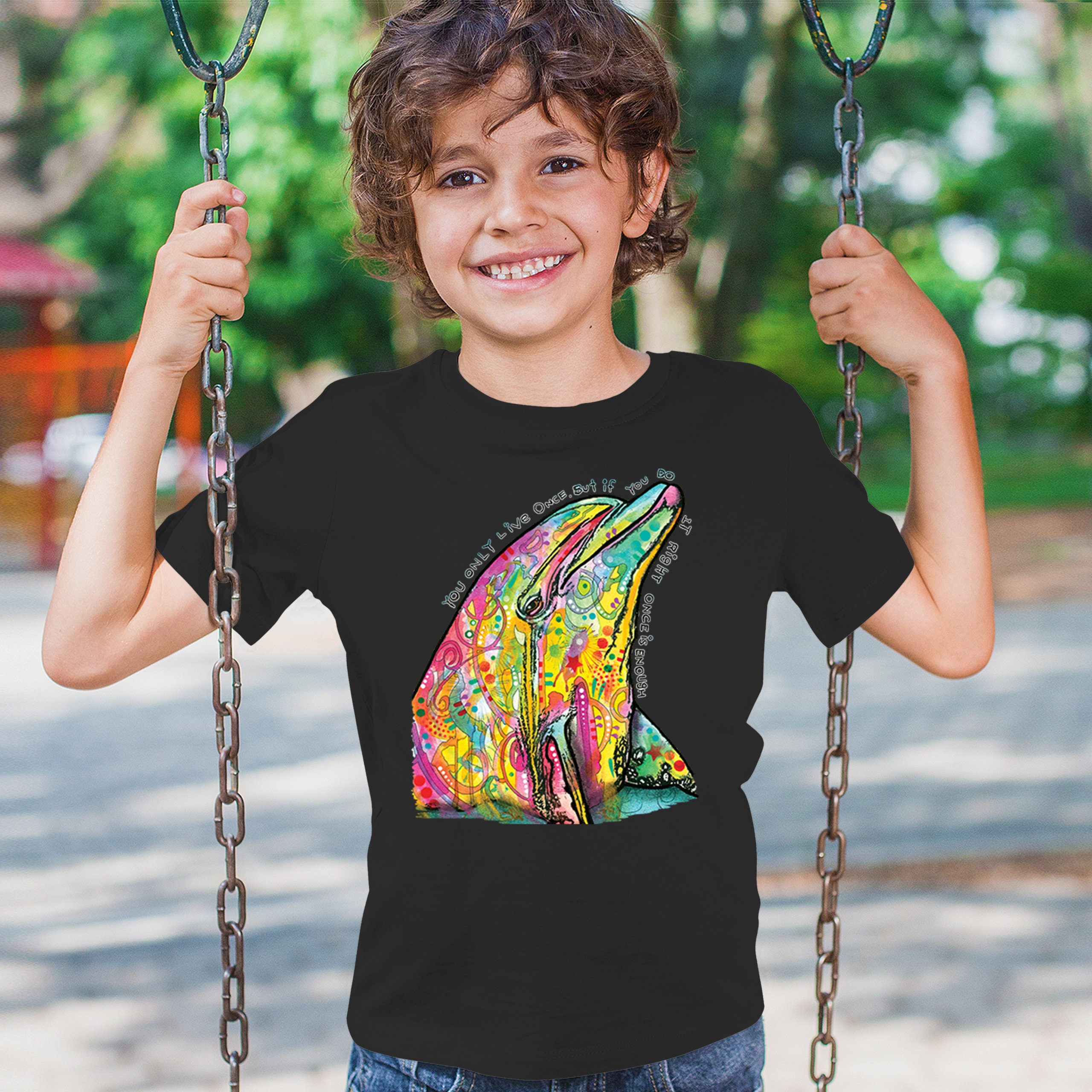 You Only Live Once Youth T-shirt Cute Neon Dolphin Dean Russo Yolo Kids - Picture 5 of 50