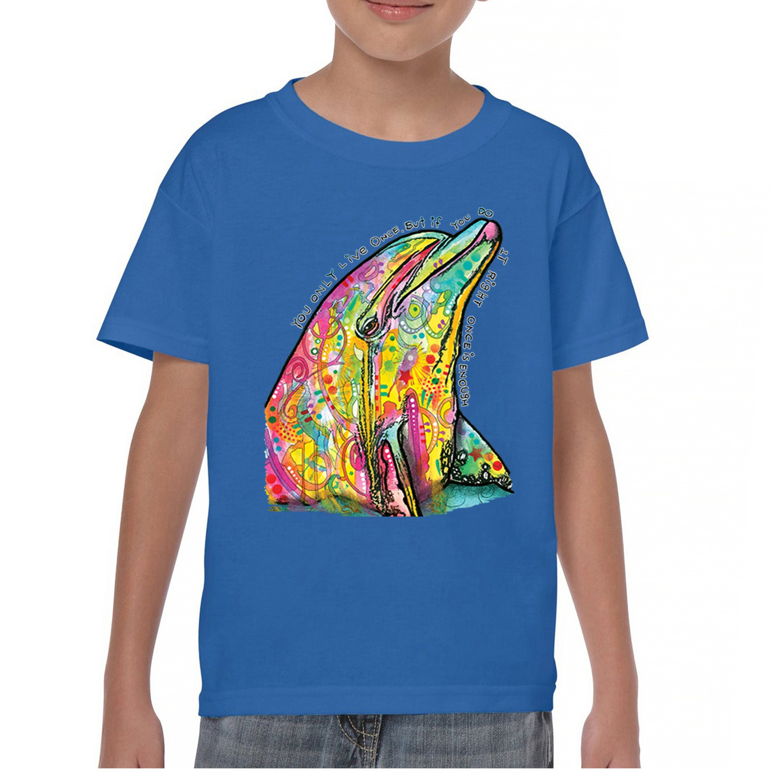 You Only Live Once Youth T-shirt Cute Neon Dolphin Dean Russo Yolo Kids - Picture 37 of 50