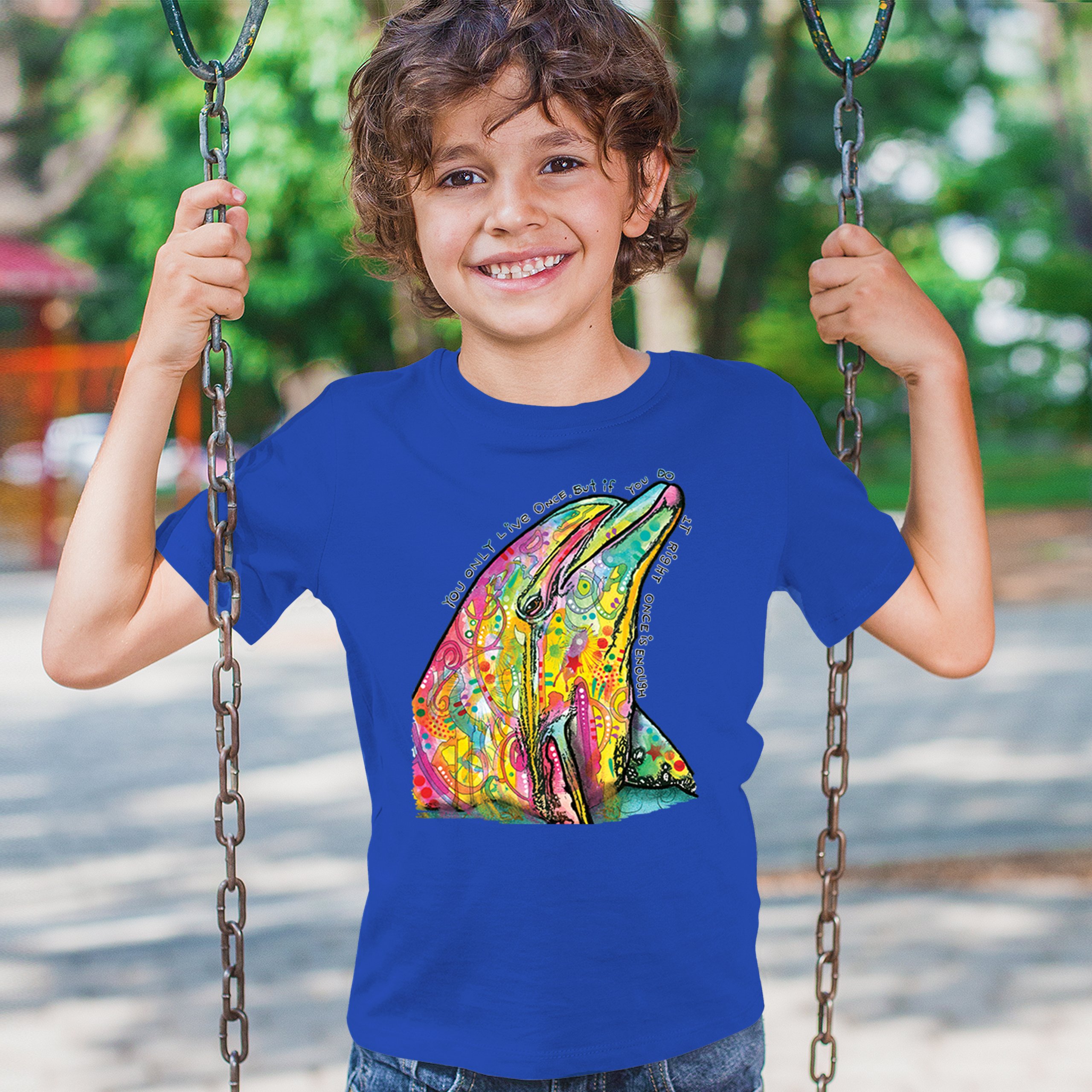 You Only Live Once Youth T-shirt Cute Neon Dolphin Dean Russo Yolo Kids - Picture 40 of 50