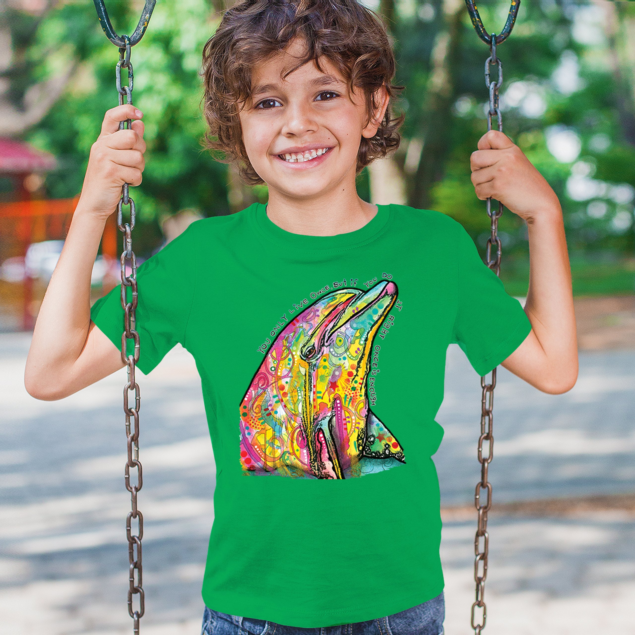 You Only Live Once Youth T-shirt Cute Neon Dolphin Dean Russo Yolo Kids - Picture 33 of 50