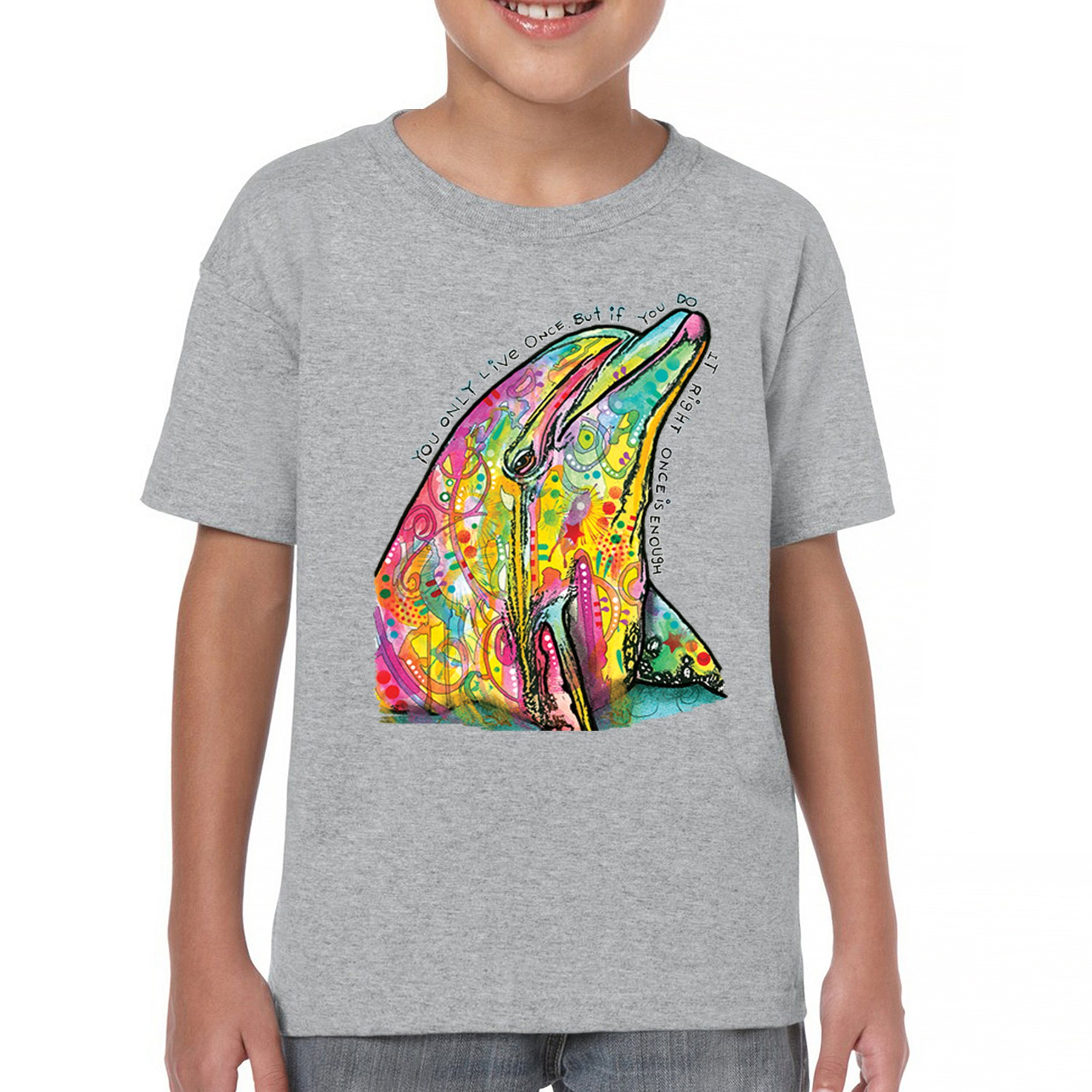 You Only Live Once Youth T-shirt Cute Neon Dolphin Dean Russo Yolo Kids - Picture 9 of 50