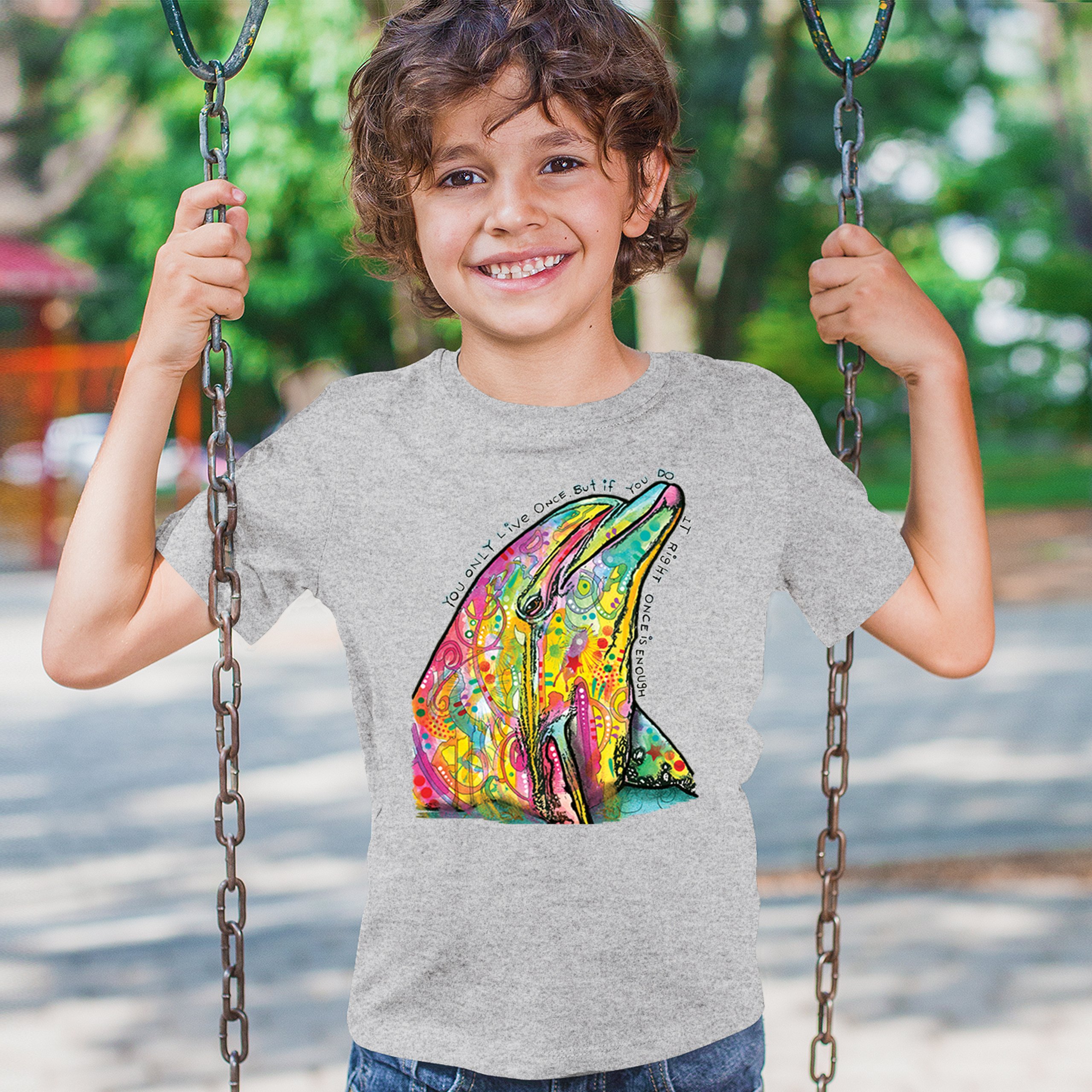 You Only Live Once Youth T-shirt Cute Neon Dolphin Dean Russo Yolo Kids - Picture 12 of 50