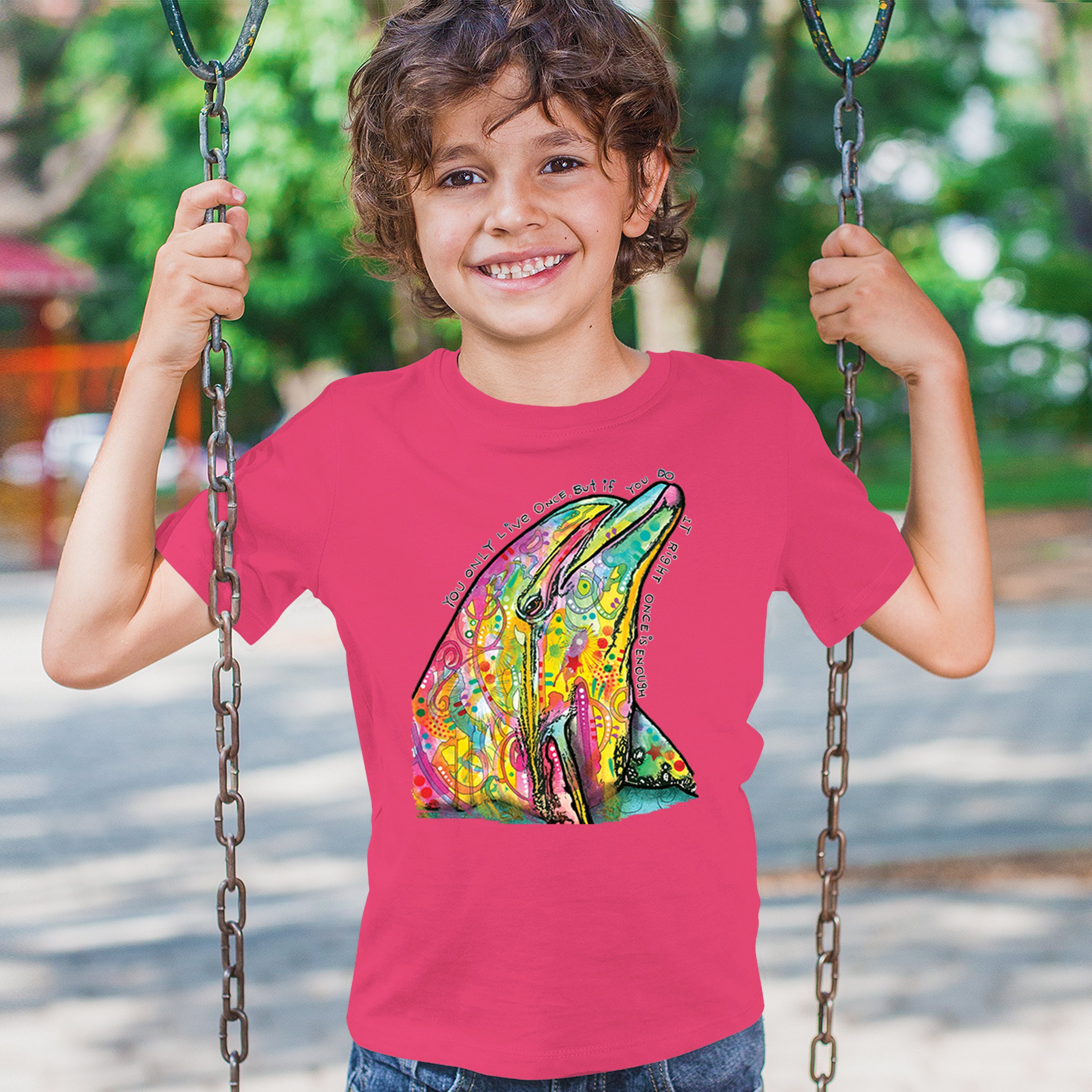 You Only Live Once Youth T-shirt Cute Neon Dolphin Dean Russo Yolo Kids - Picture 47 of 50
