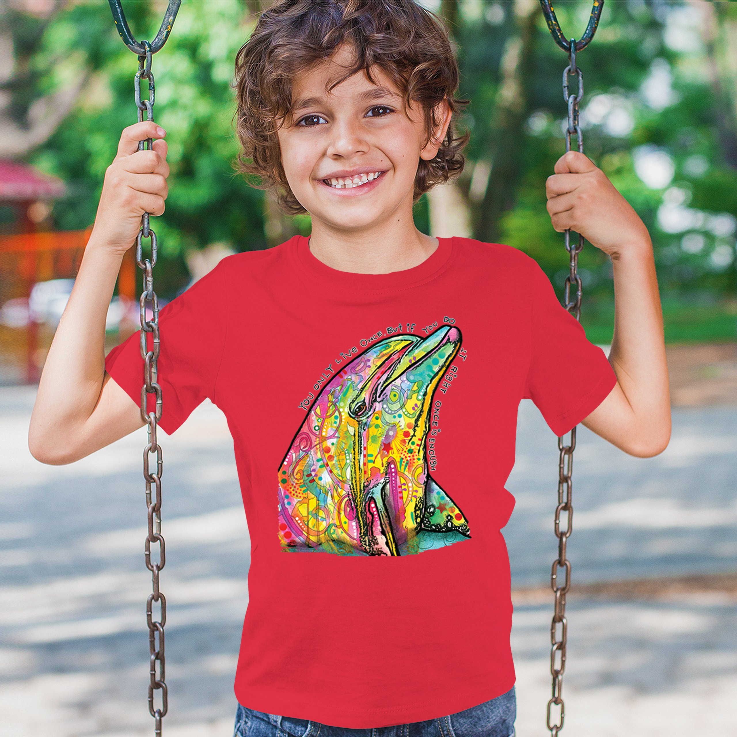 You Only Live Once Youth T-shirt Cute Neon Dolphin Dean Russo Yolo Kids - Picture 19 of 50