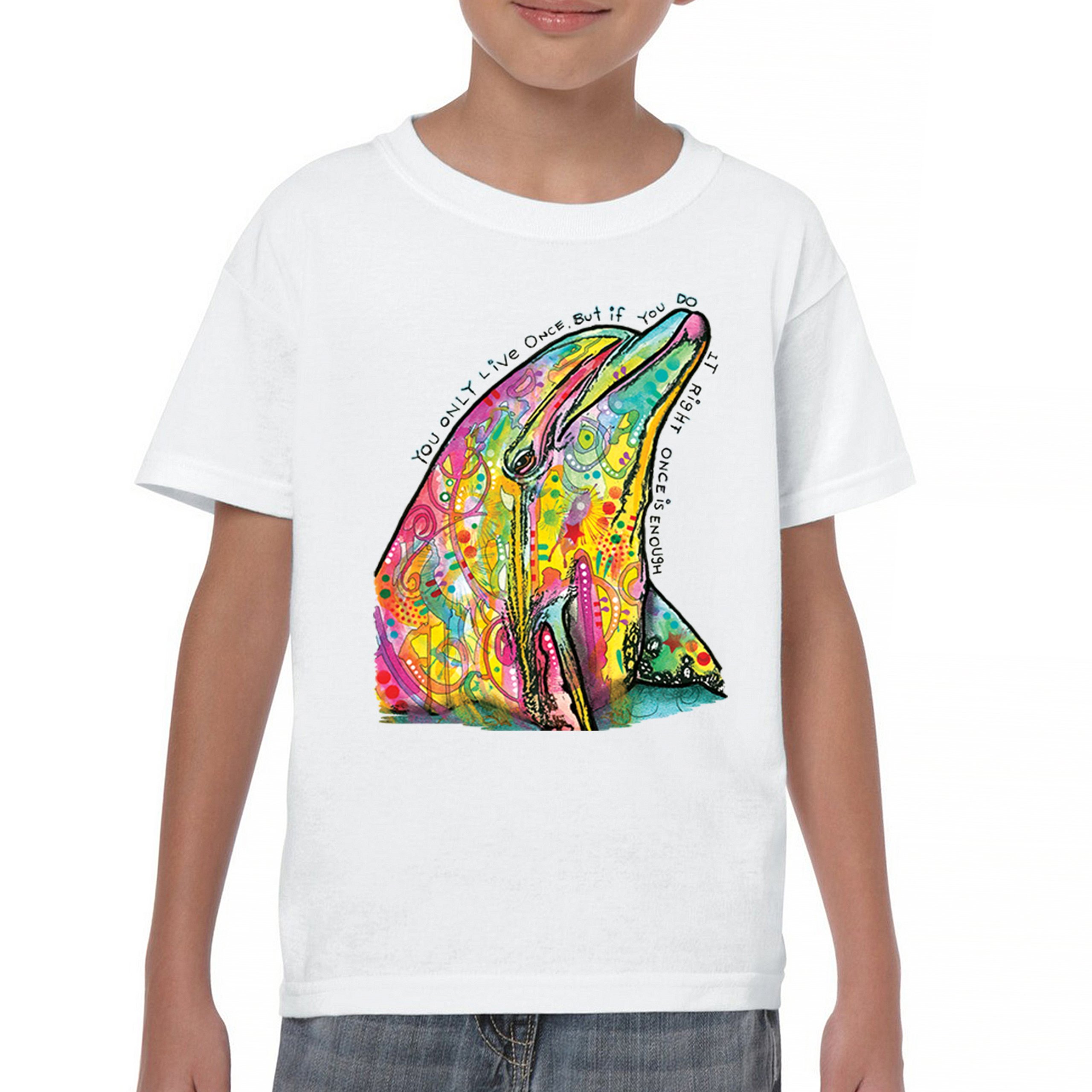 You Only Live Once Youth T-shirt Cute Neon Dolphin Dean Russo Yolo Kids - Picture 23 of 50