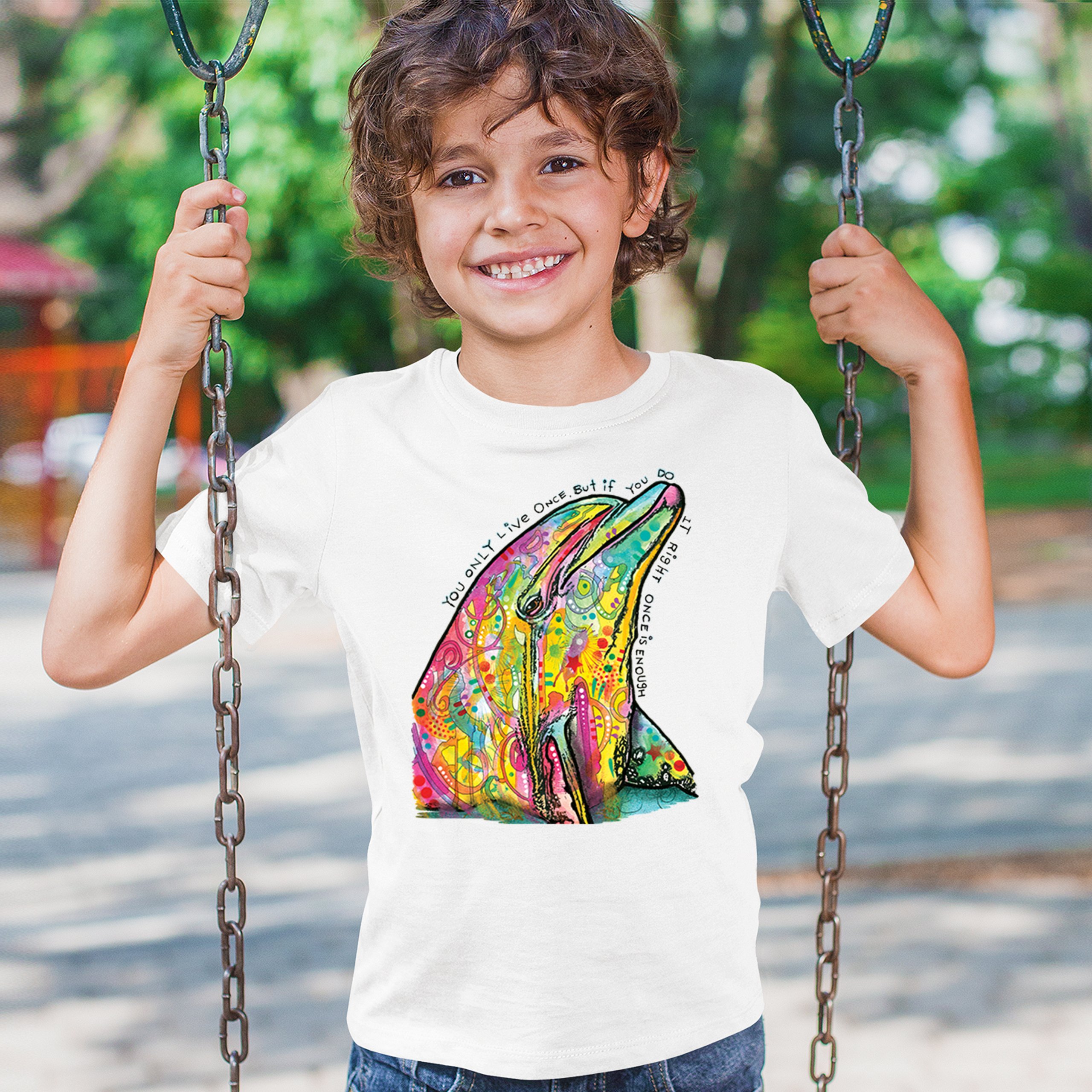 You Only Live Once Youth T-shirt Cute Neon Dolphin Dean Russo Yolo Kids - Picture 26 of 50