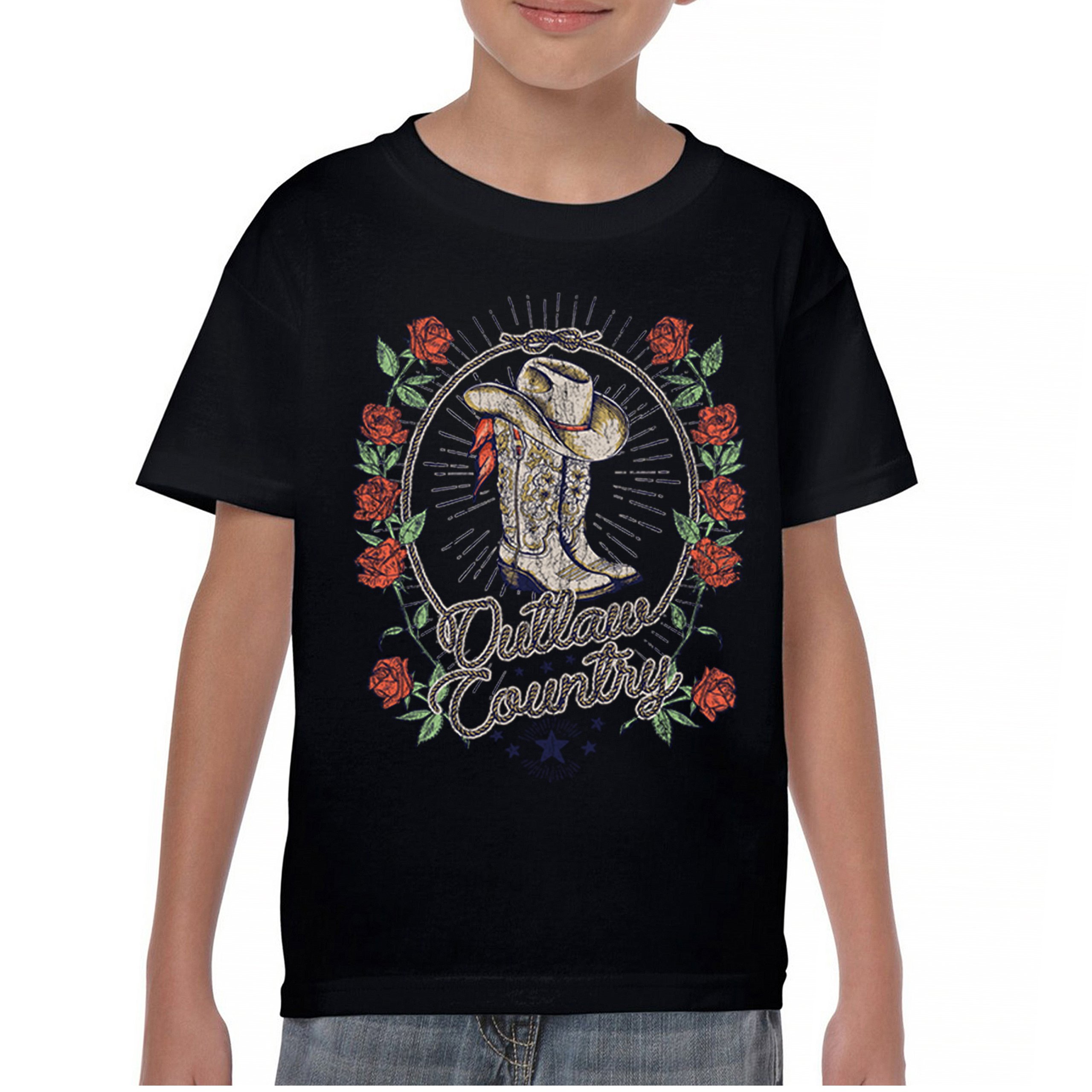 Outlaw Country Cowgirl Boots Roses Youth T-shirt Western Rodeo Floral Hat Kids - Picture 2 of 50
