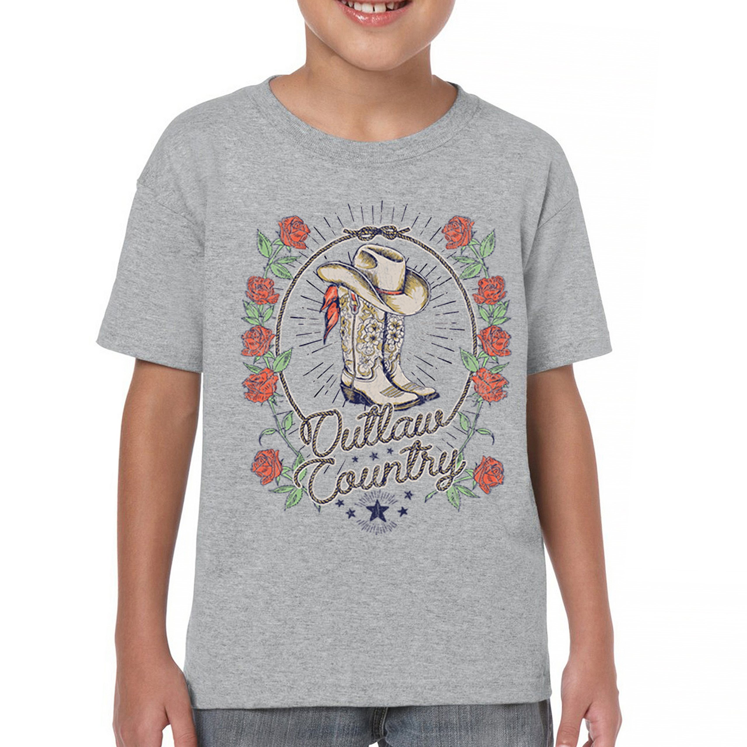 Outlaw Country Cowgirl Boots Roses Youth T-shirt Western Rodeo Floral Hat Kids - Picture 9 of 50
