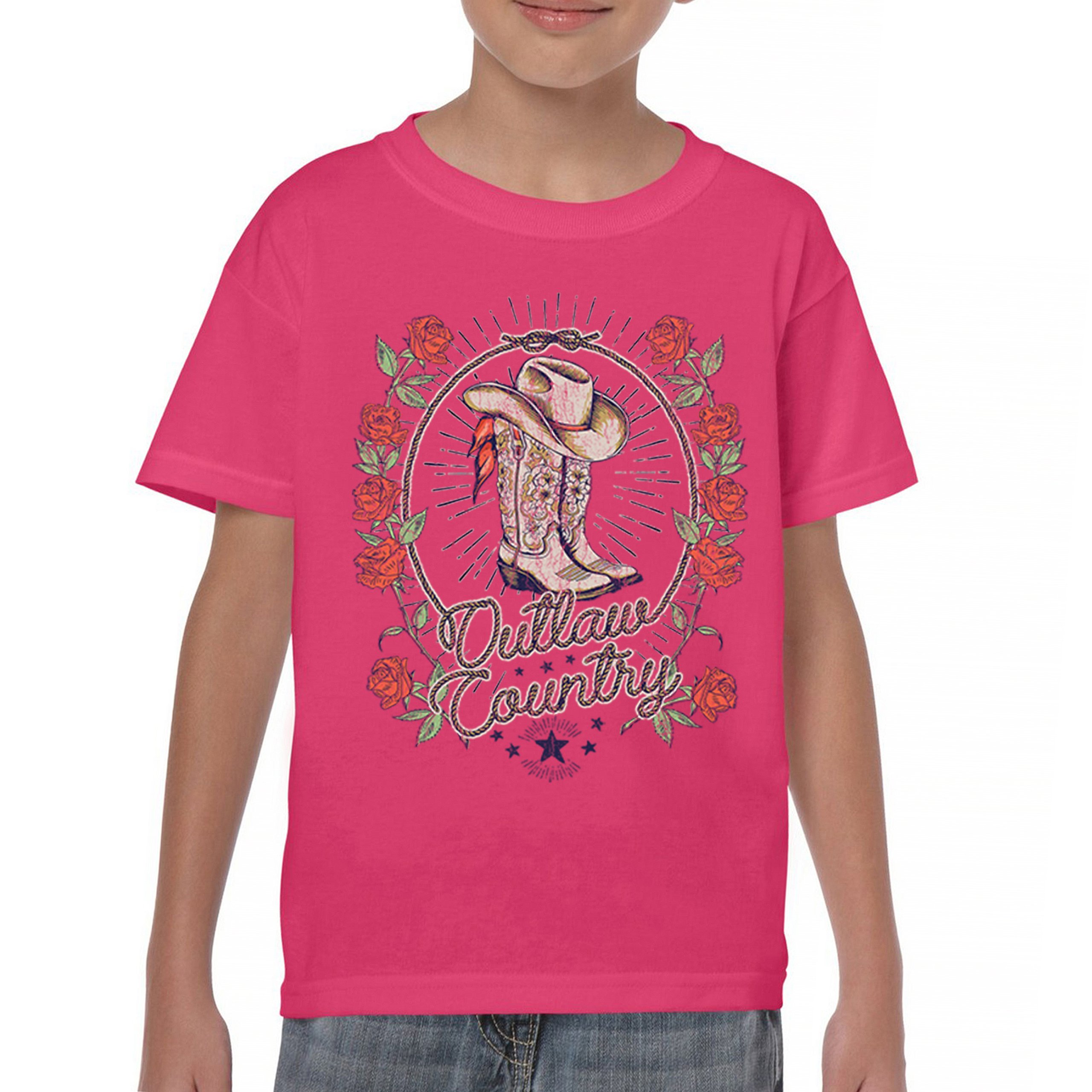 Outlaw Country Cowgirl Boots Roses Youth T-shirt Western Rodeo Floral Hat Kids - Picture 44 of 50