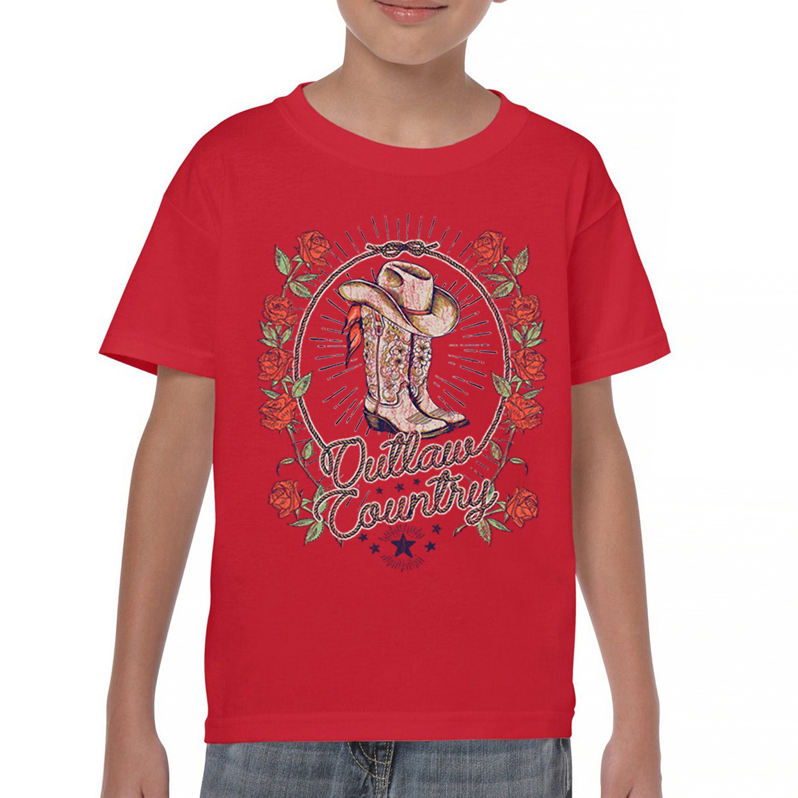 Outlaw Country Cowgirl Boots Roses Youth T-shirt Western Rodeo Floral Hat Kids - Picture 16 of 50