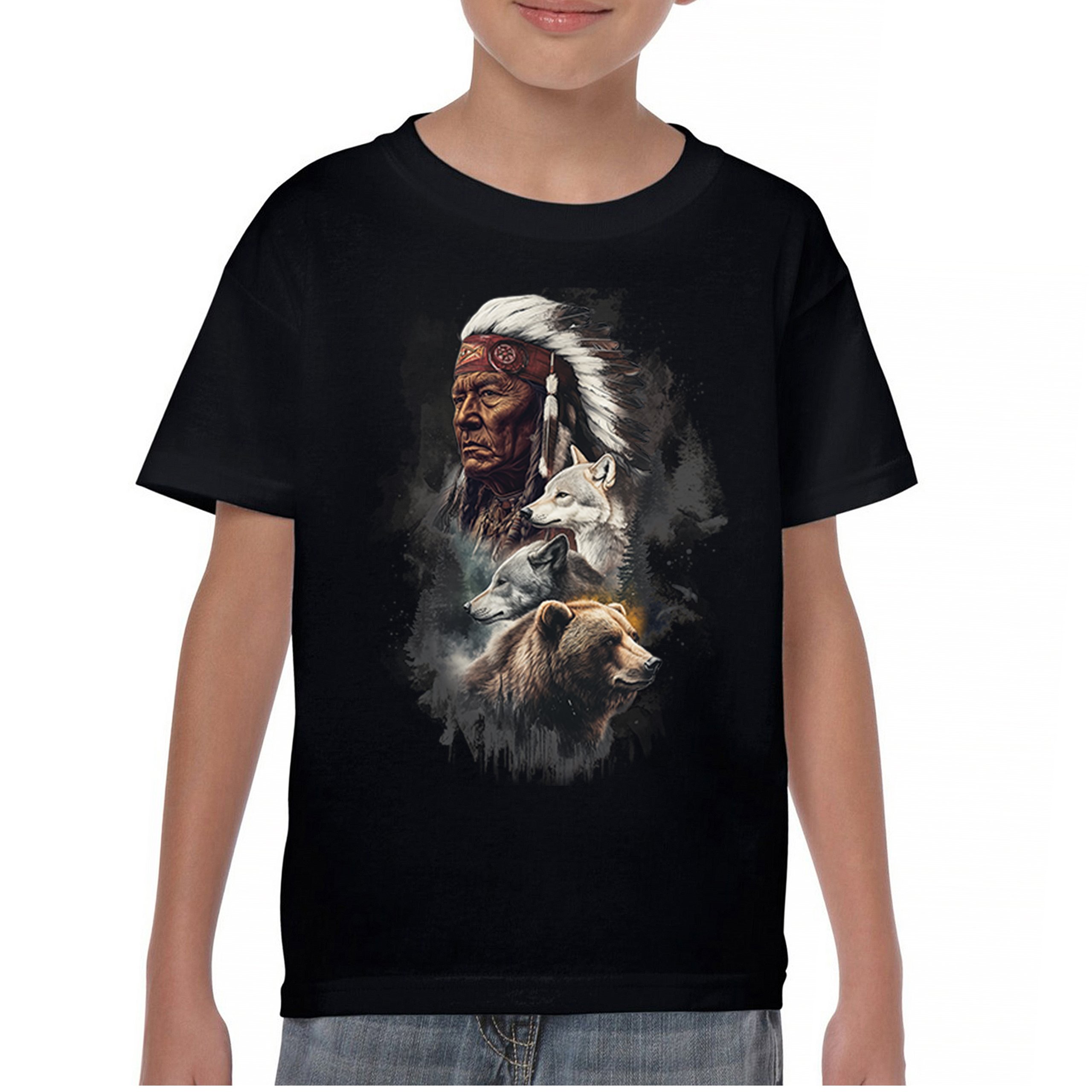 Animal Chief Youth T-shirt Native American Spirit Tribal Totem Indigenous Kids - Picture 2 of 50