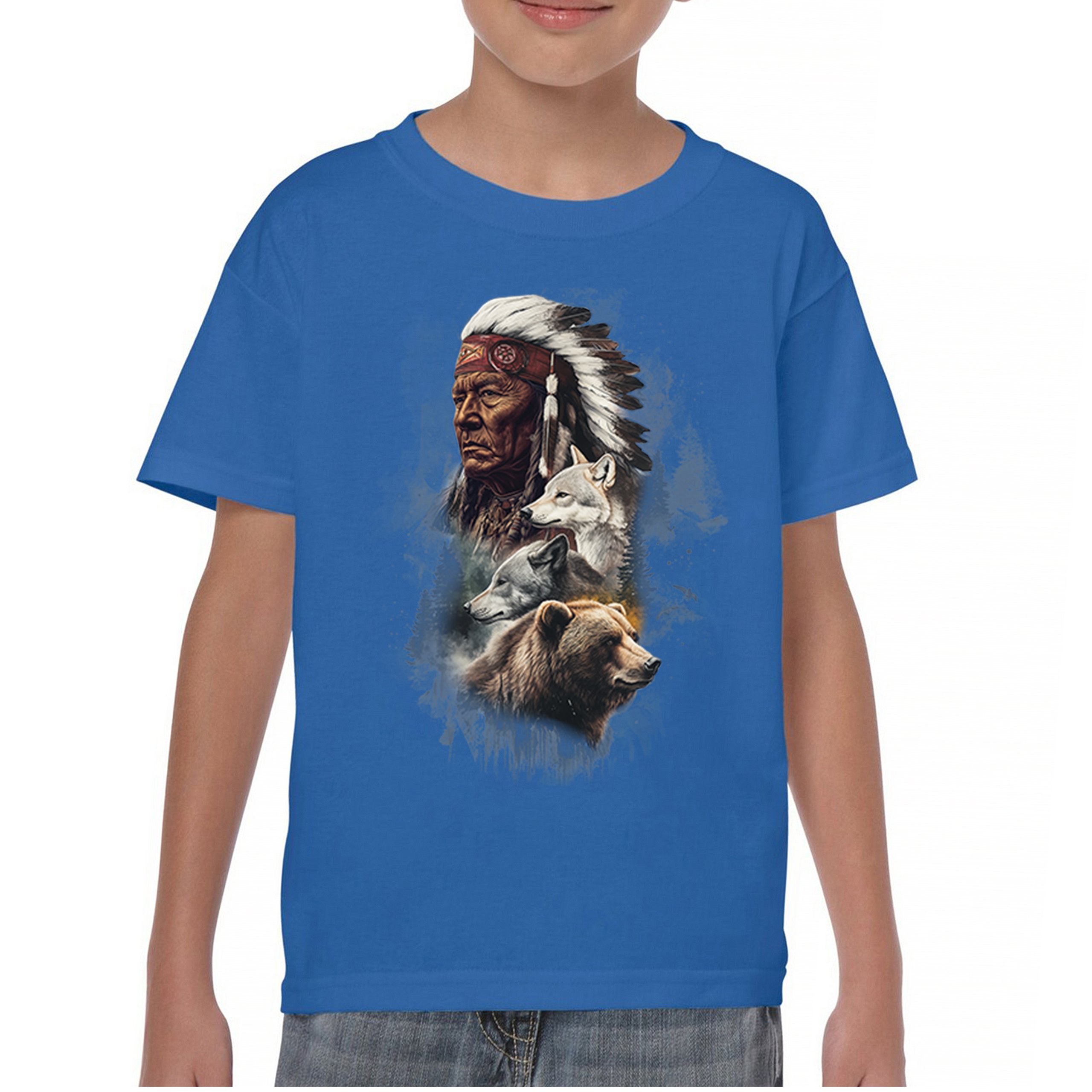Animal Chief Youth T-shirt Native American Spirit Tribal Totem Indigenous Kids - Picture 37 of 50