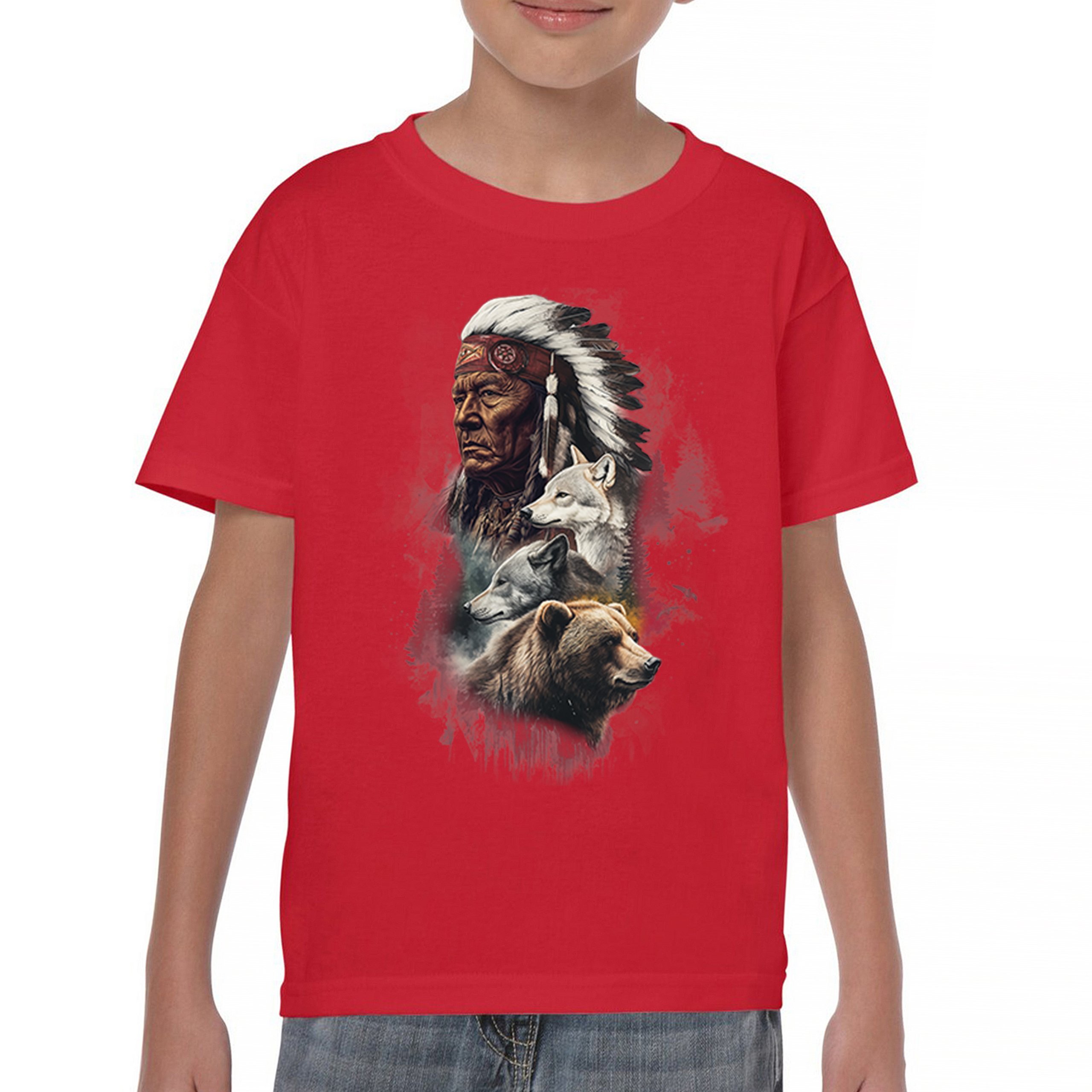 Animal Chief Youth T-shirt Native American Spirit Tribal Totem Indigenous Kids - Picture 16 of 50