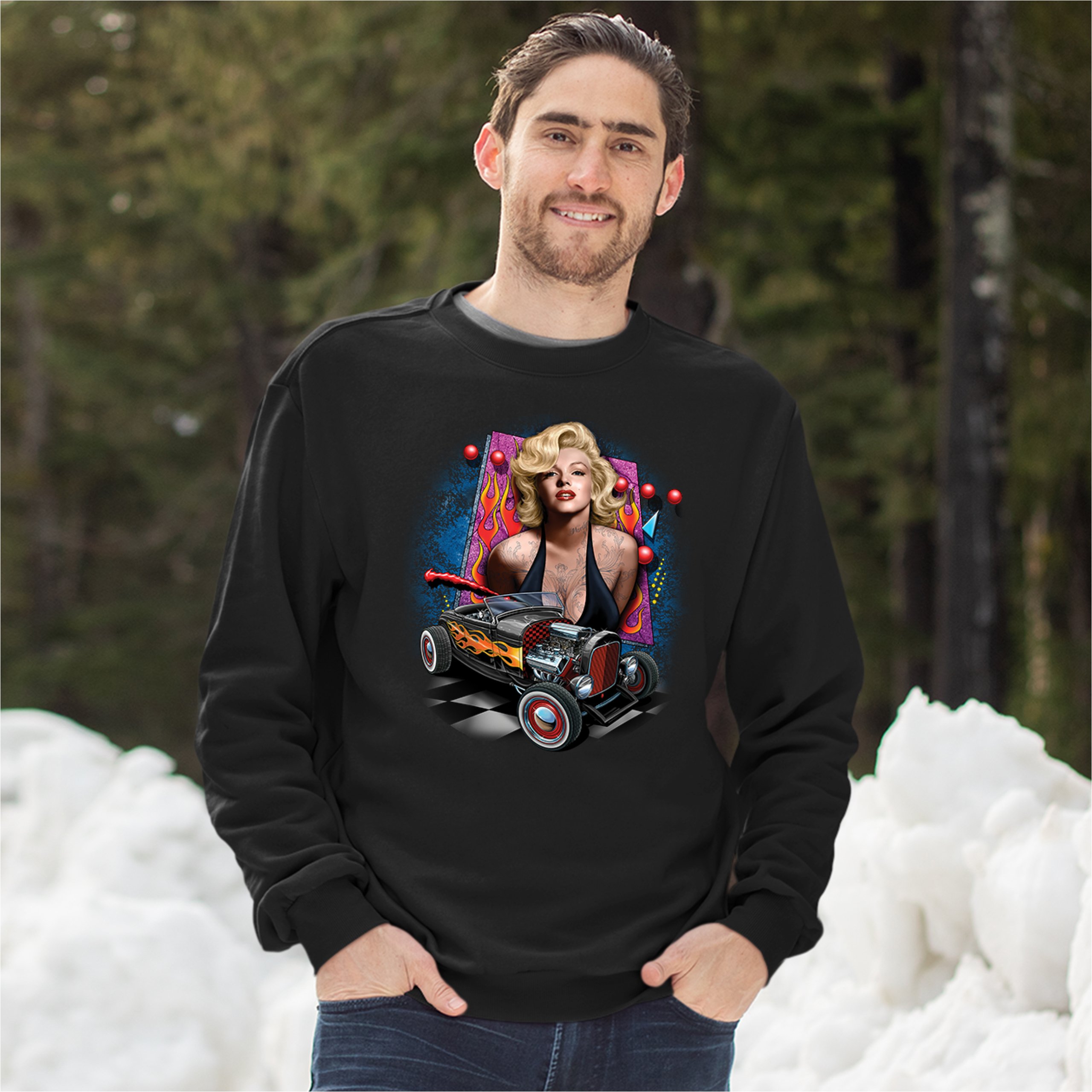 Marilyn Monroe Hot Rod Sweatshirt Vintage Route 66 Drag Racing Crewneck