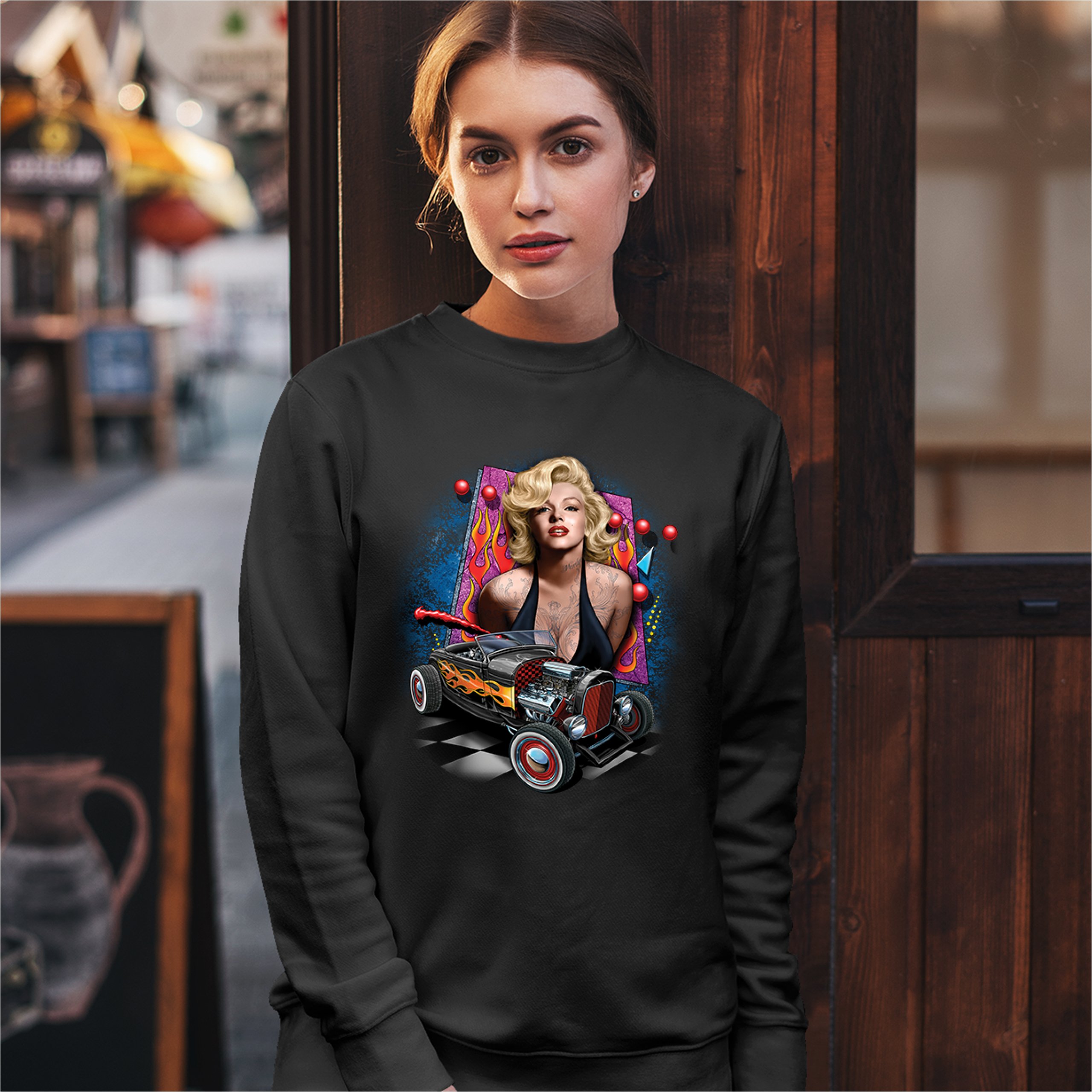 Marilyn Monroe Hot Rod Sweatshirt Vintage Route 66 Drag Racing Crewneck