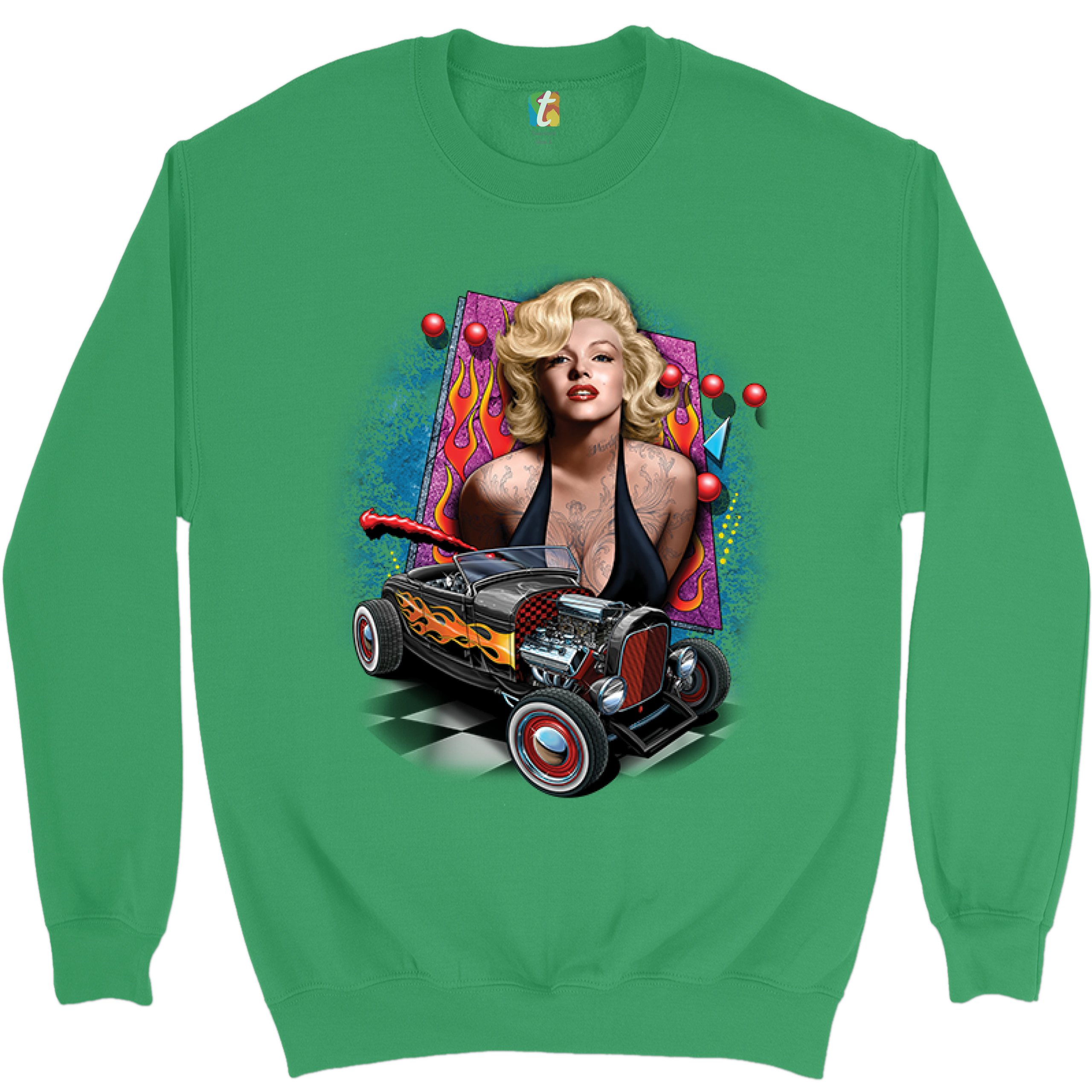 Marilyn Monroe Hot Rod Sweatshirt Vintage Route 66 Drag Racing Crewneck