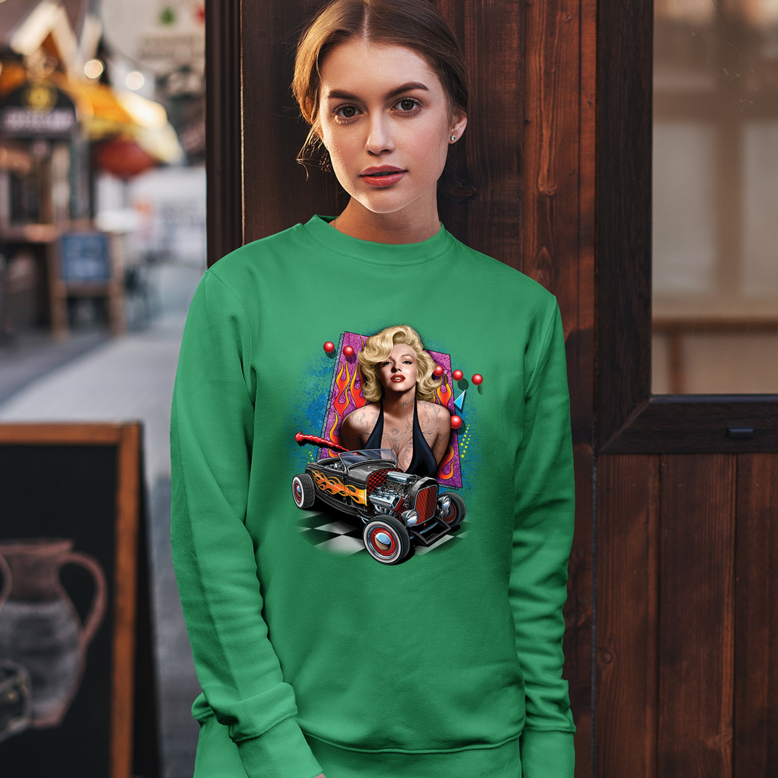 Marilyn Monroe Hot Rod Sweatshirt Vintage Route 66 Drag Racing Crewneck