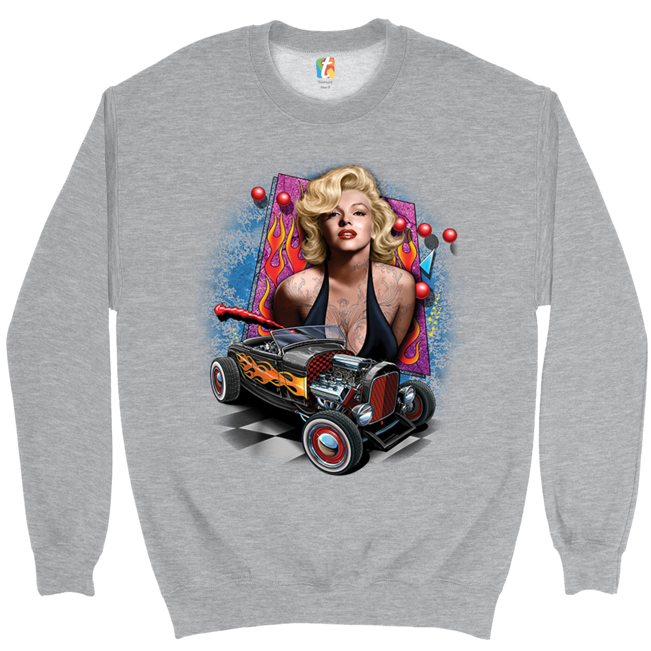 Marilyn Monroe Hot Rod Sweatshirt Vintage Route 66 Drag Racing Crewneck