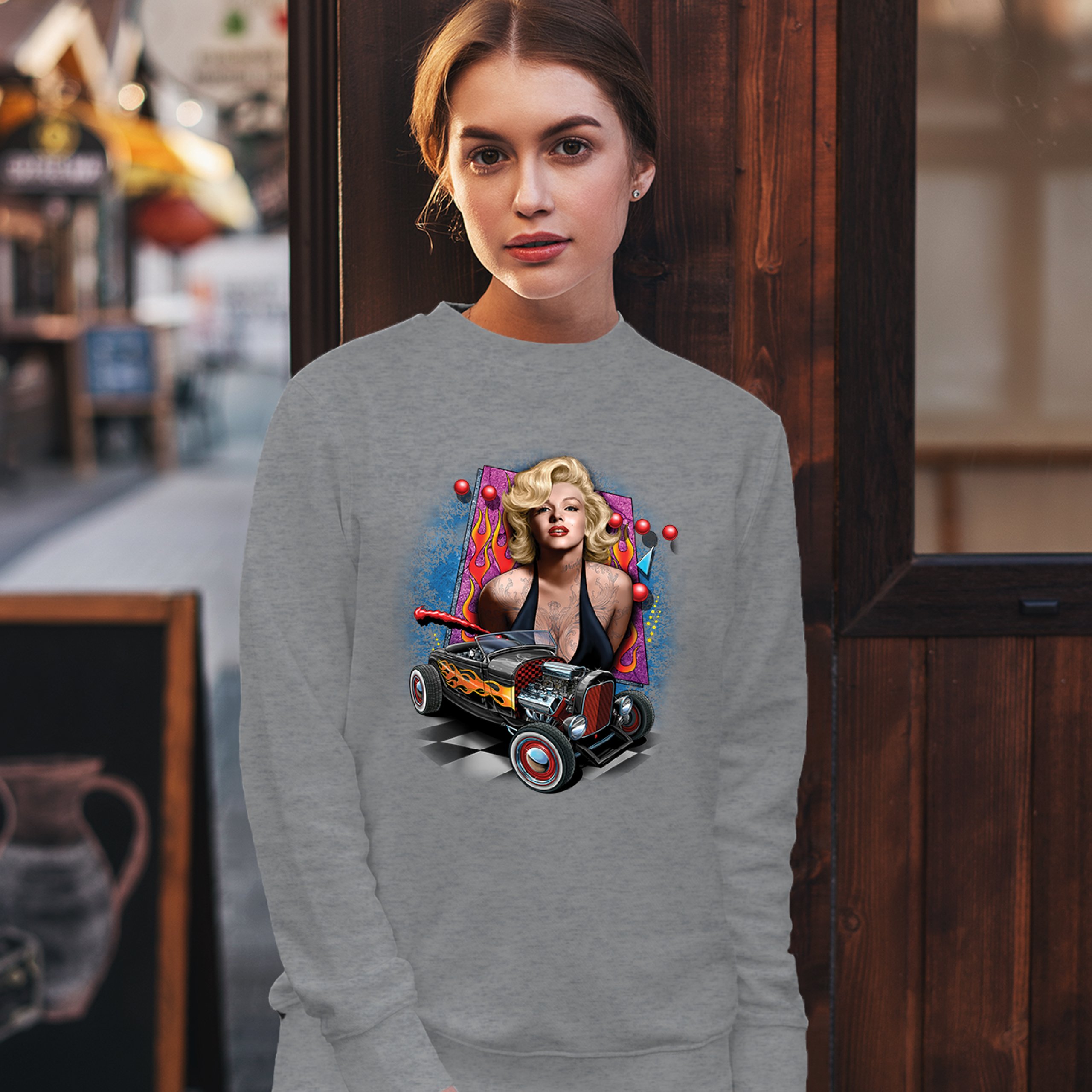 Marilyn Monroe Hot Rod Sweatshirt Vintage Route 66 Drag Racing Crewneck