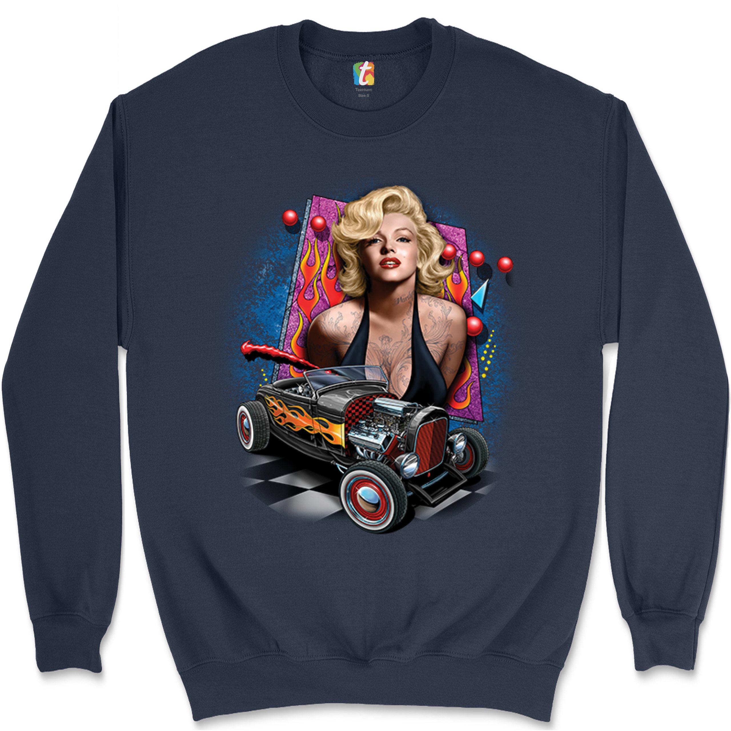 Marilyn Monroe Hot Rod Sweatshirt Vintage Route 66 Drag Racing Crewneck