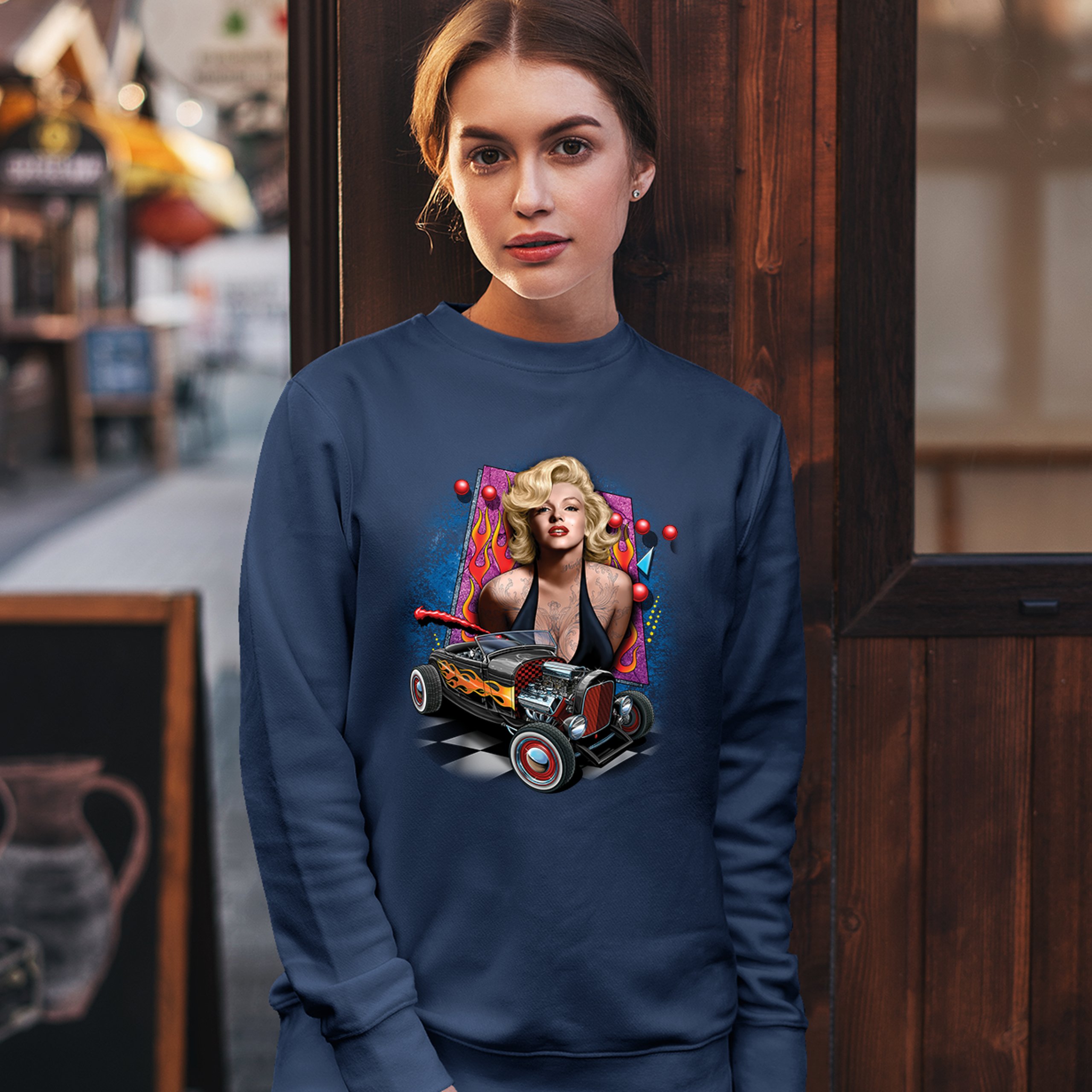 Marilyn Monroe Hot Rod Sweatshirt Vintage Route 66 Drag Racing Crewneck