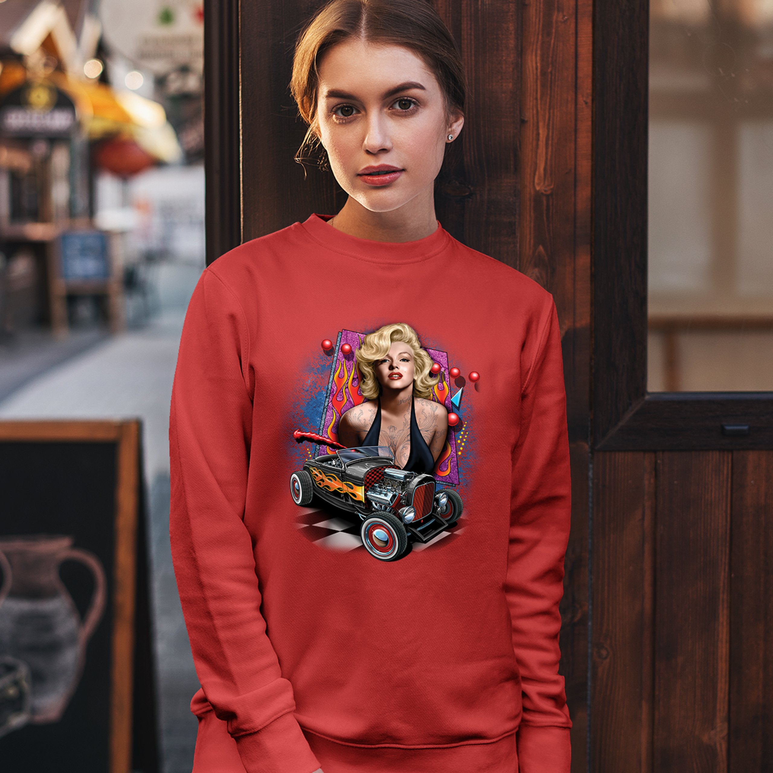 Marilyn Monroe Hot Rod Sweatshirt Vintage Route 66 Drag Racing Crewneck