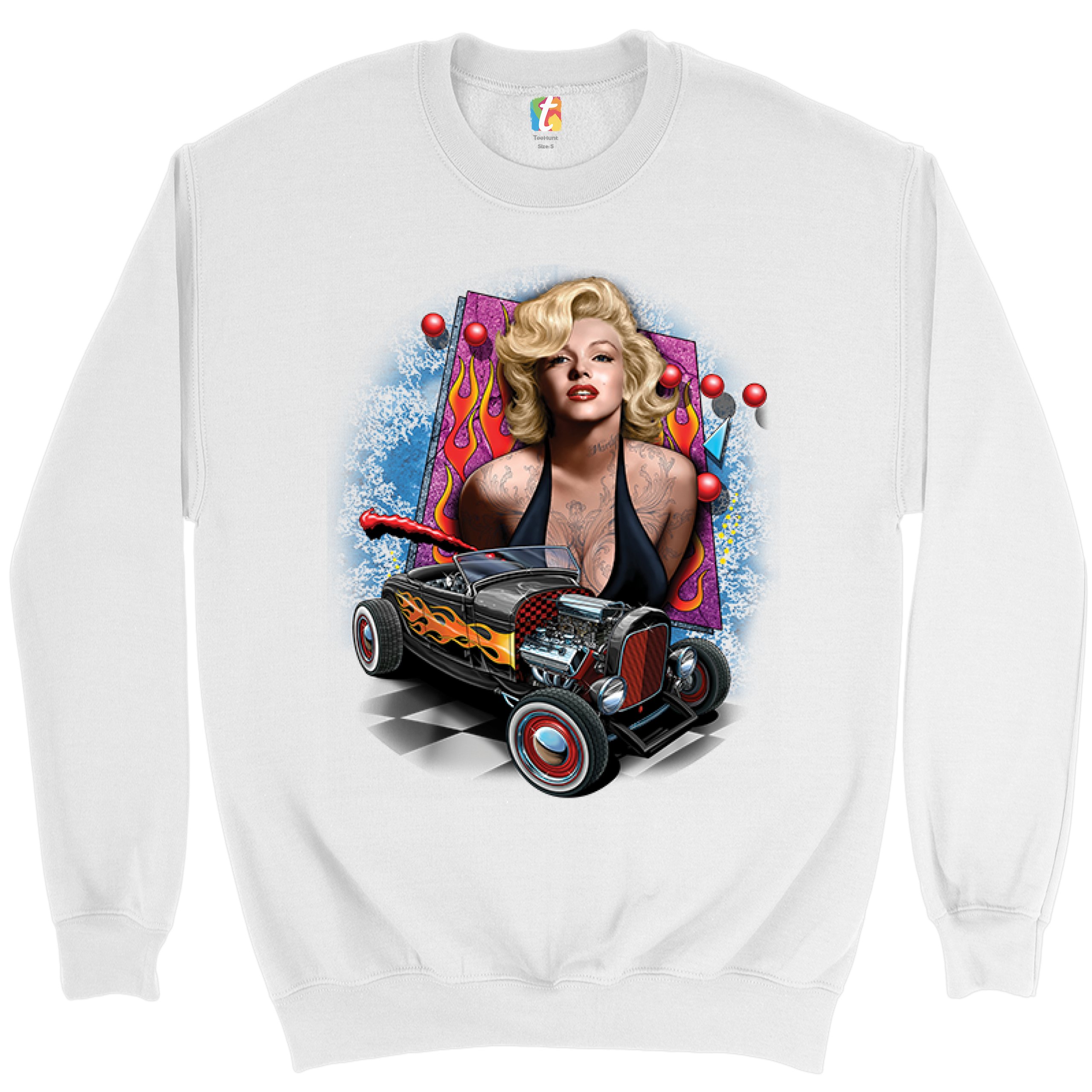 Marilyn Monroe Hot Rod Sweatshirt Vintage Route 66 Drag Racing Crewneck