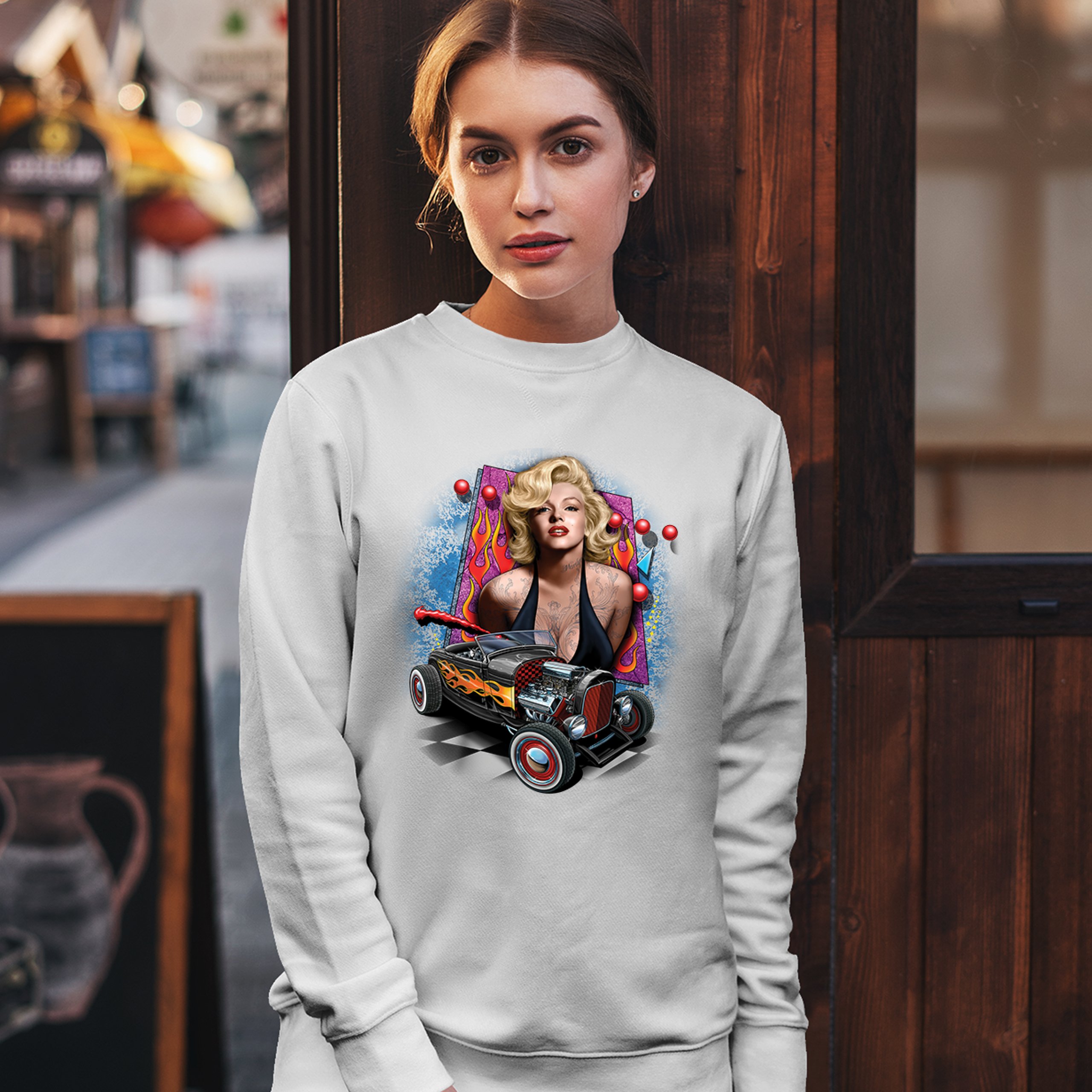 Marilyn Monroe Hot Rod Sweatshirt Vintage Route 66 Drag Racing Crewneck