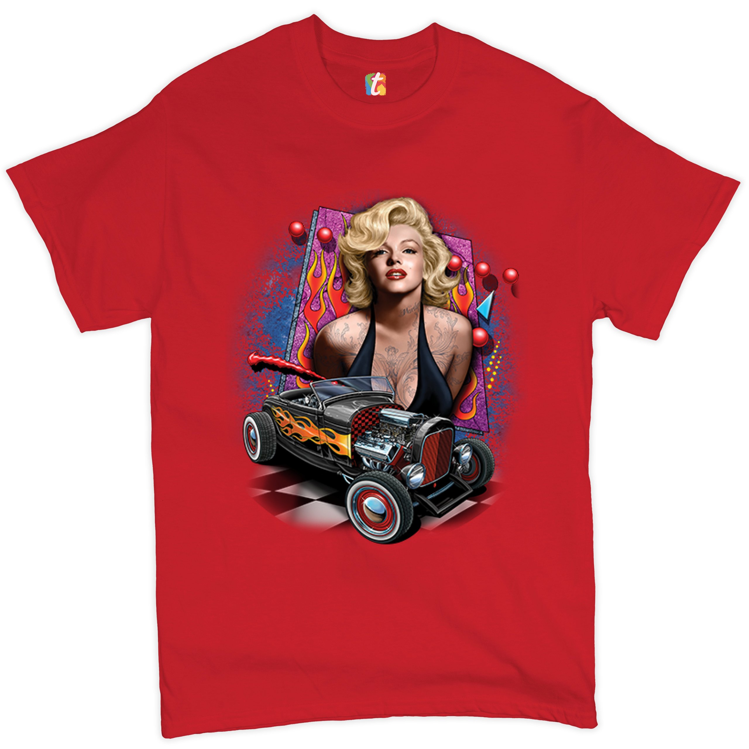 Marilyn Monroe Hot Rod T-shirt Vintage Route 66 Drag Racing Men's Tee