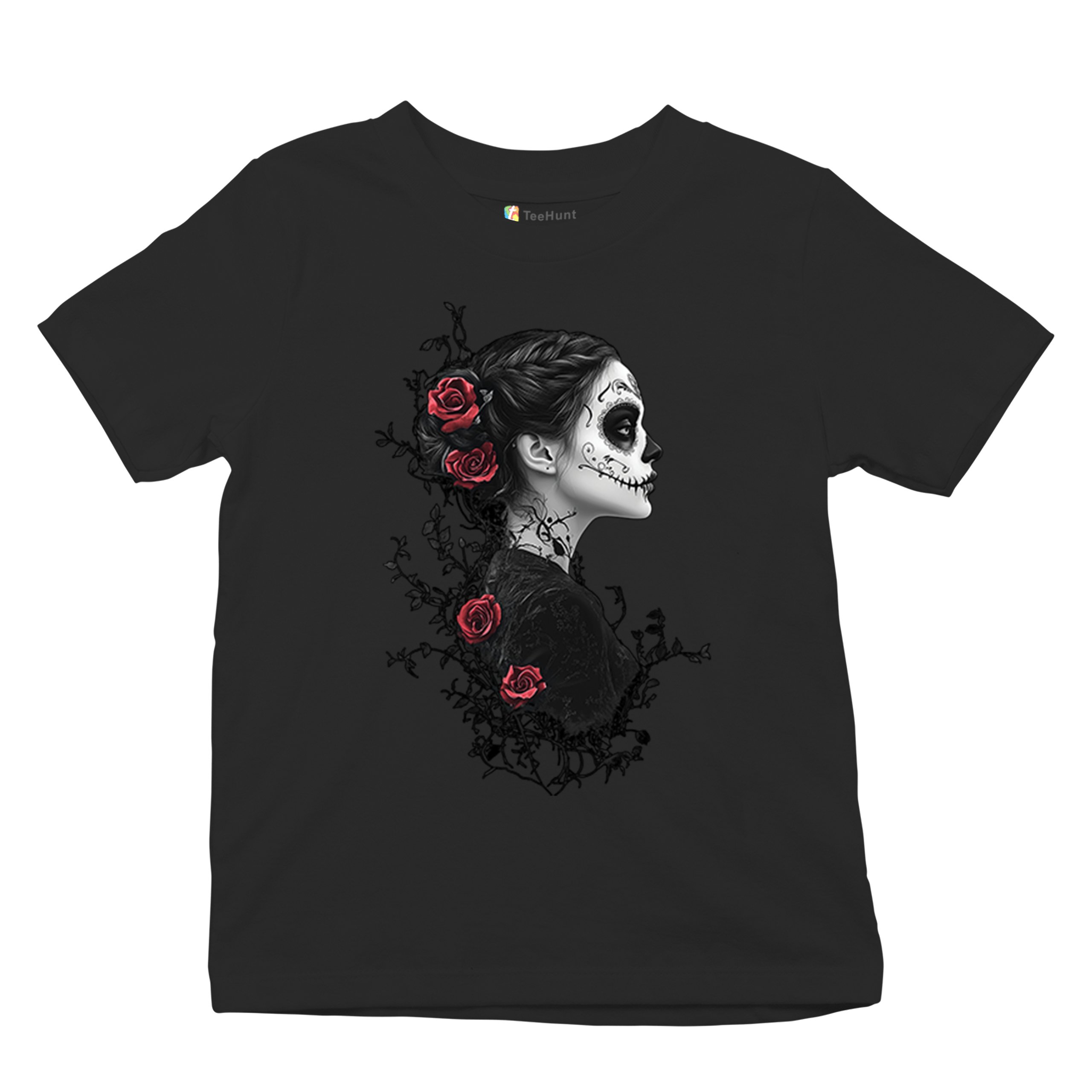 Gothic Sugar Skull Roses Youth T-shirt Day of Dead Dark Elegance Skeleton Kids - Picture 6 of 50