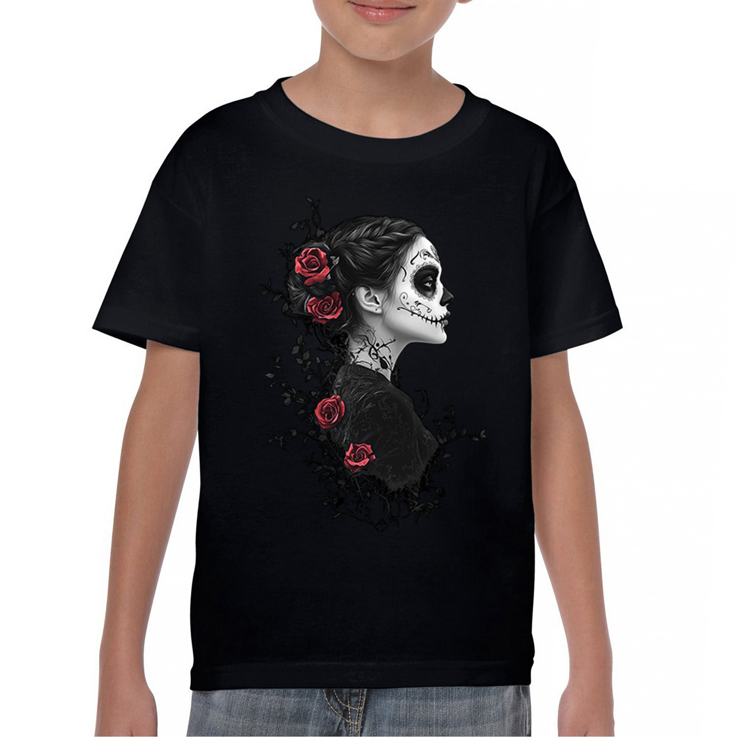 Gothic Sugar Skull Roses Youth T-shirt Day of Dead Dark Elegance Skeleton Kids - Picture 2 of 50