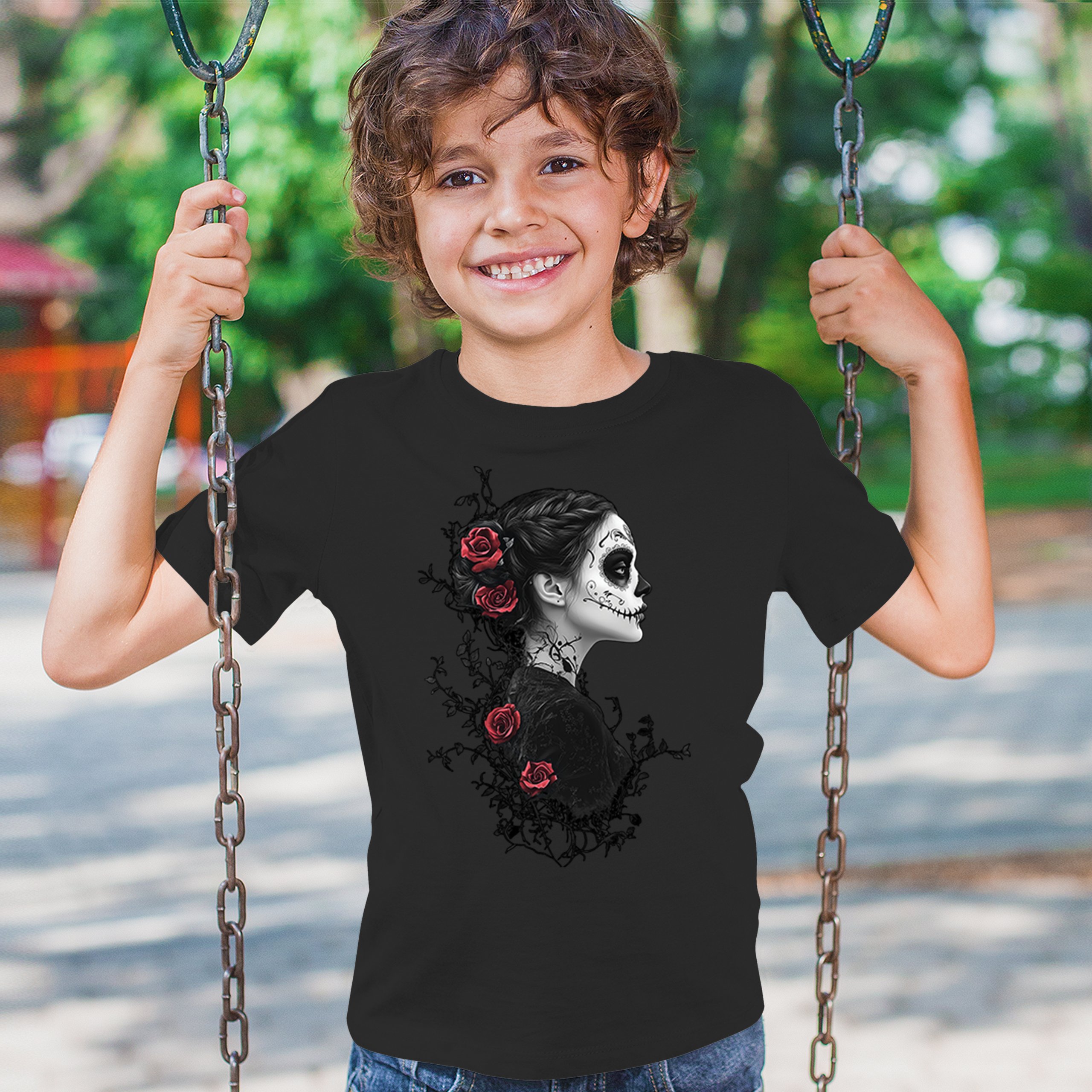 Gothic Sugar Skull Roses Youth T-shirt Day of Dead Dark Elegance Skeleton Kids - Picture 5 of 50