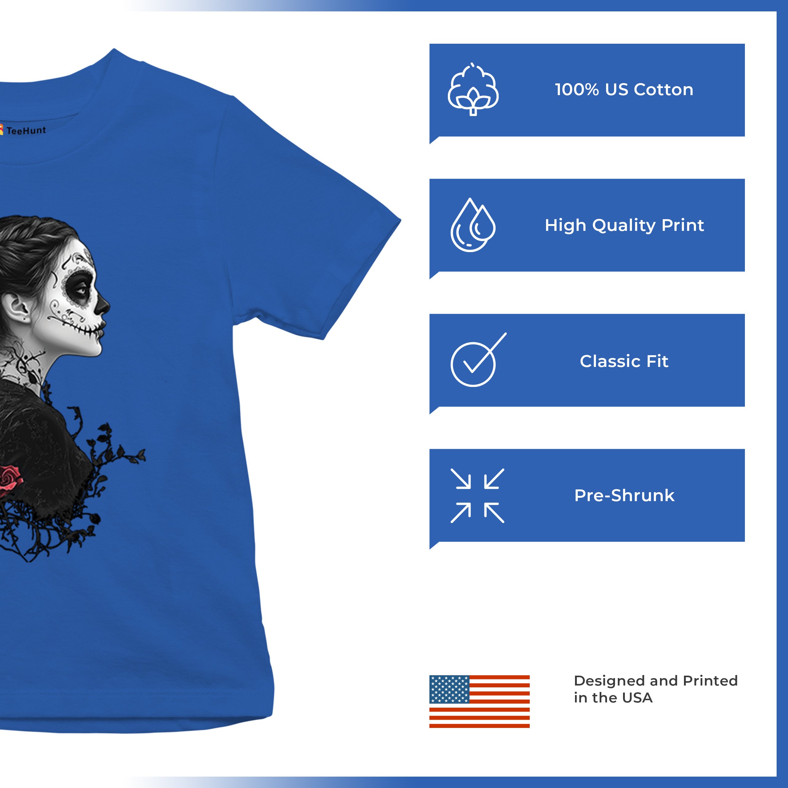 Gothic Sugar Skull Roses Youth T-shirt Day of Dead Dark Elegance Skeleton Kids - Picture 42 of 50